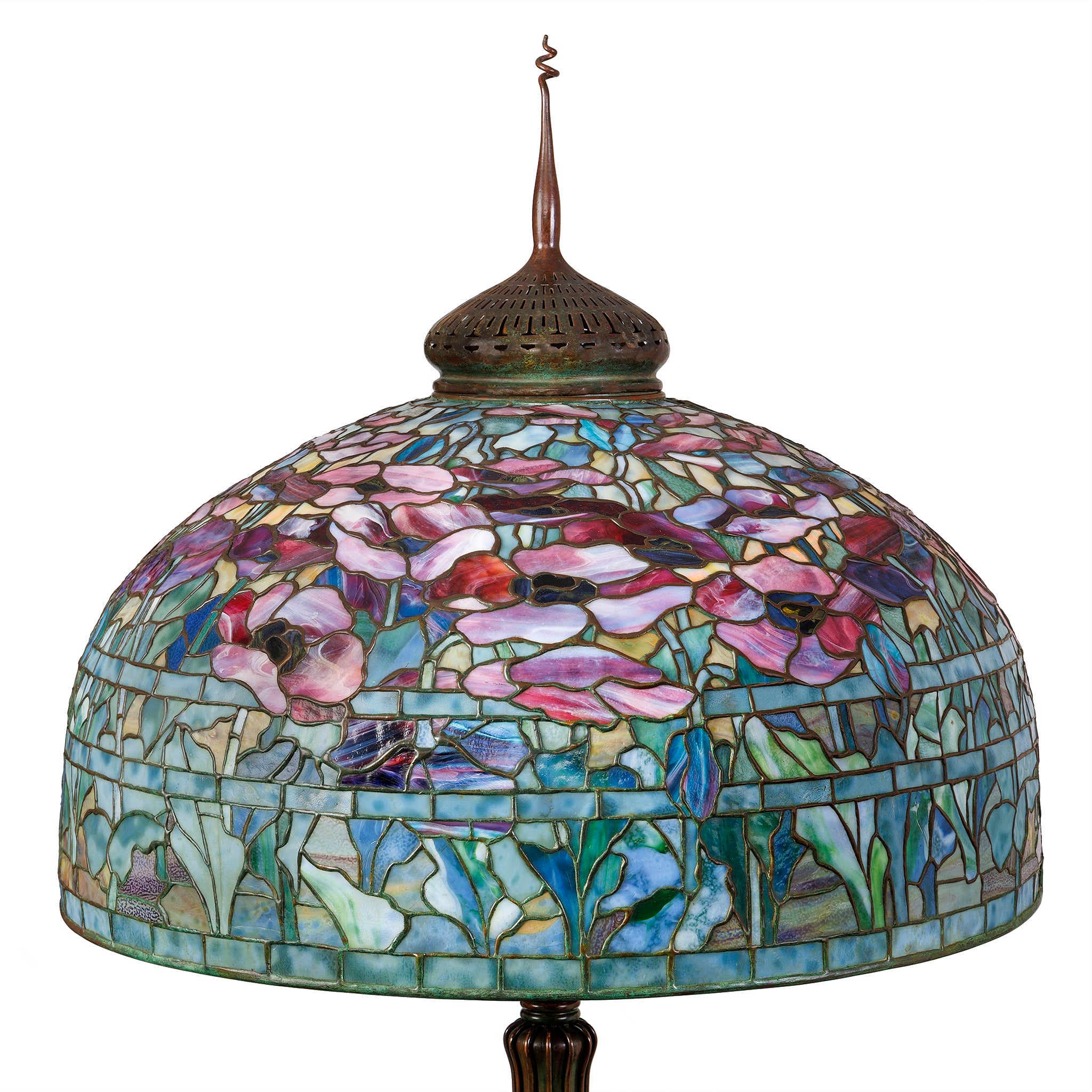 Tiffany Studios New York Oriental Poppy Leaded Glass & Bronze Floor Lamp - Antique Stained Glass Lighting for Living Room, Bedroom & Office Decor