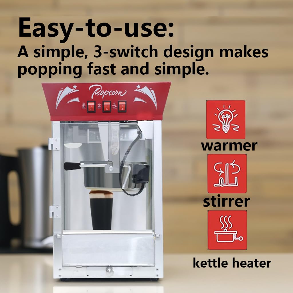 Commercial Popcorn Maker Machine - 12oz Stainless Steel Kettle with Tempered Glass, 850W Countertop Popcorn Popper with Warming Deck - Perfect for Movie Nights, Parties, Theaters, and Home Entertainment