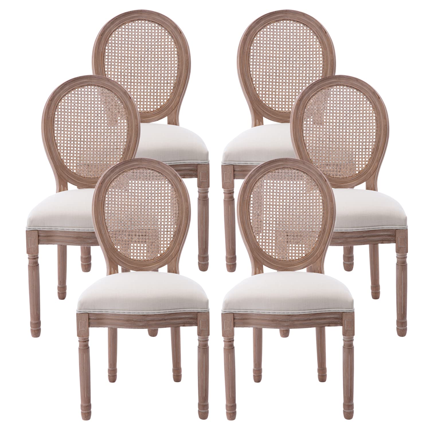 Nrizc Farmhouse Fabric Dining Room Chairs Set of 6 - French Country Round Back Rattan Chairs for Kitchen, Restaurant & Home Decor | Comfortable Oval Side Chairs for Indoor Dining & Entertaining