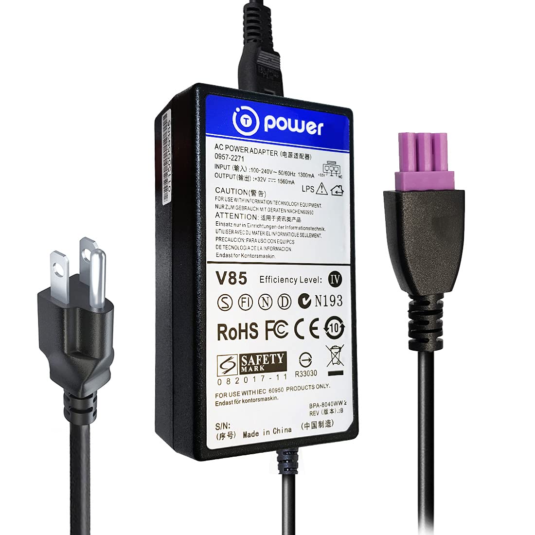 T POWER 32V AC/DC Adapter Charger for HP Photosmart & Officejet Advantage All-in-One Printers - 3-Pin Purple Tip Power Supply - Perfect for Home Office & Small Business Printing Needs