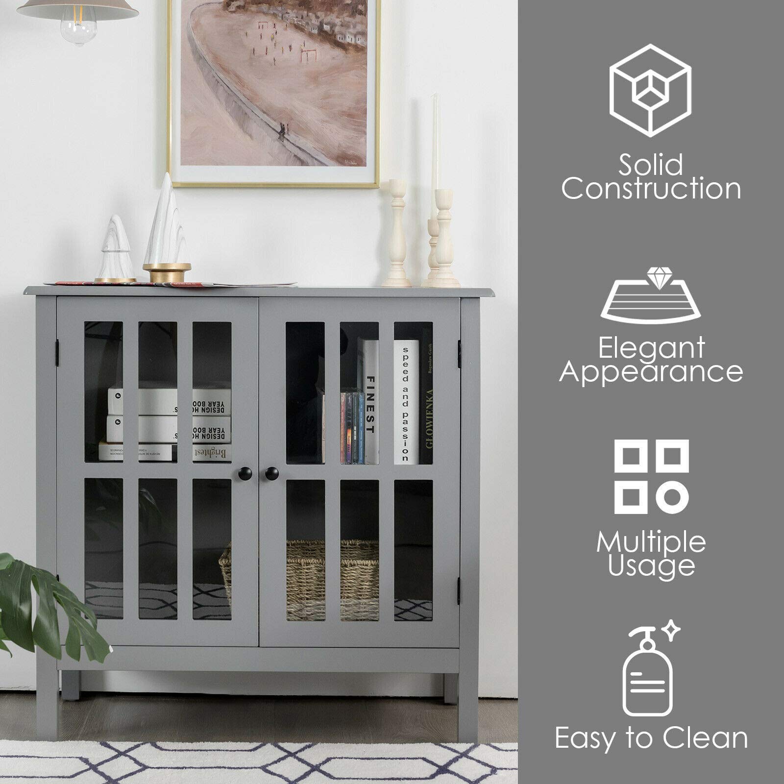 Modern Elegant Storage Buffet Cabinet Console Table Sideboard with Glass Door - Sturdy & Durable Free Standing Furniture for Bathroom, Hallway, Living Room - Perfect for Home Organization & Stylish Decor in Gray