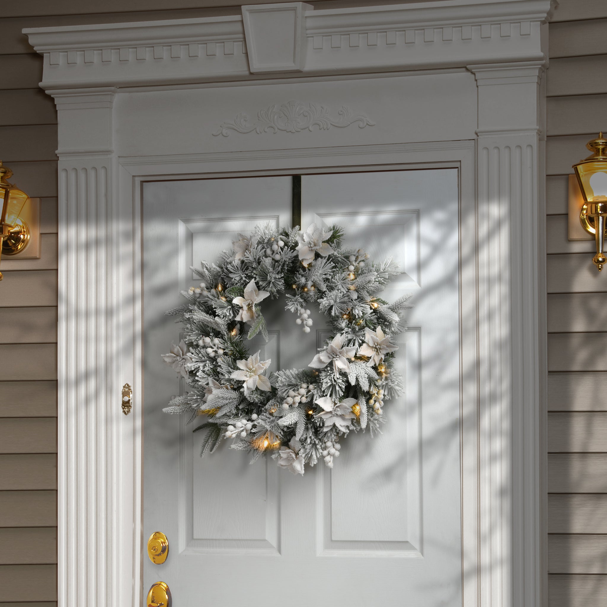 24-Inch Pre-Lit Frosted Colonial Fir Wreath with Warm White LED Lights - Perfect for Christmas Door Decor, Holiday Mantel, and Winter Home Decoration
