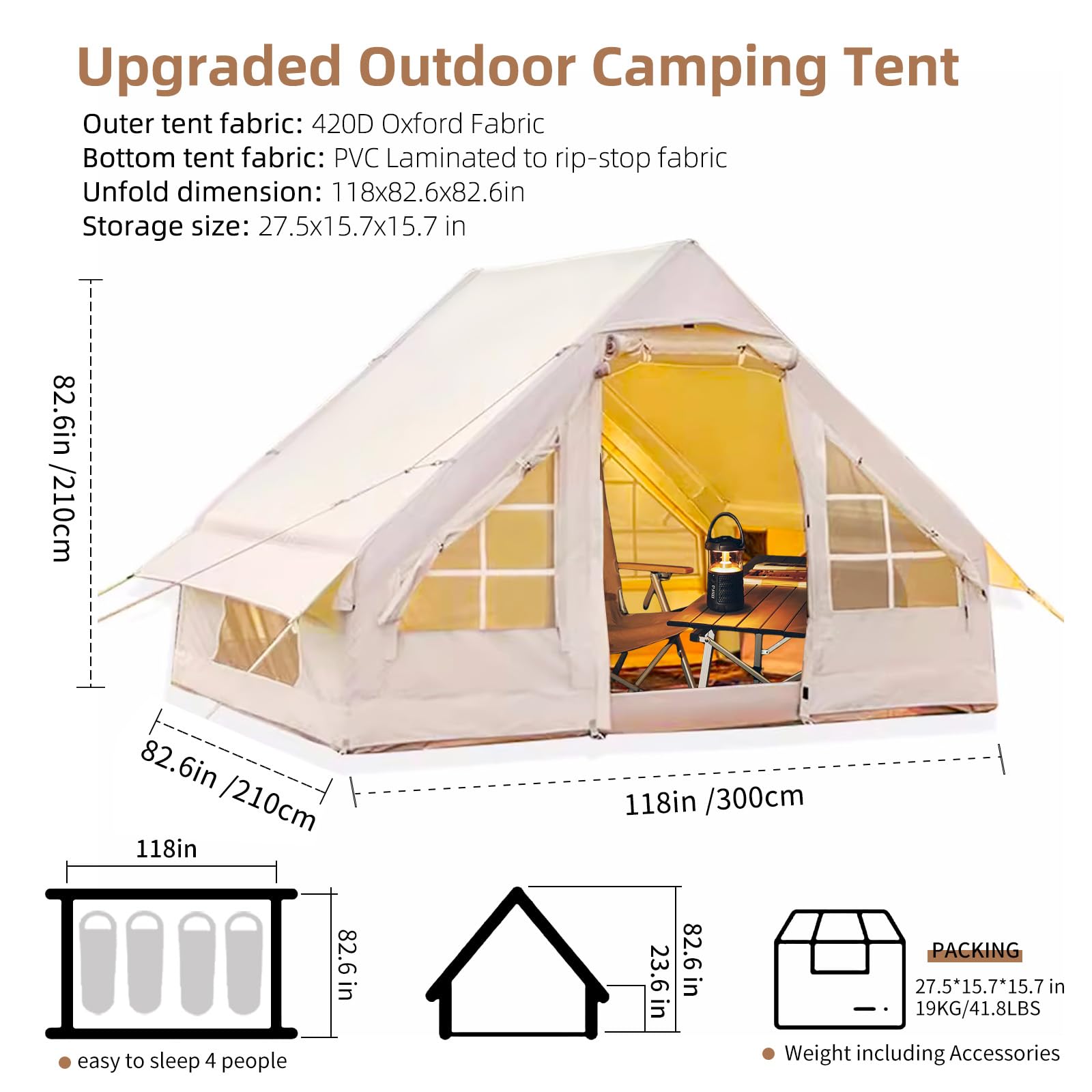 Inflatable Camping Tent for 4-6 People - 4 Season Waterproof Portable Blow Up Tent with Air Pump | Perfect for Family Camping, Glamping, Outdoor Adventures & Emergency Shelter