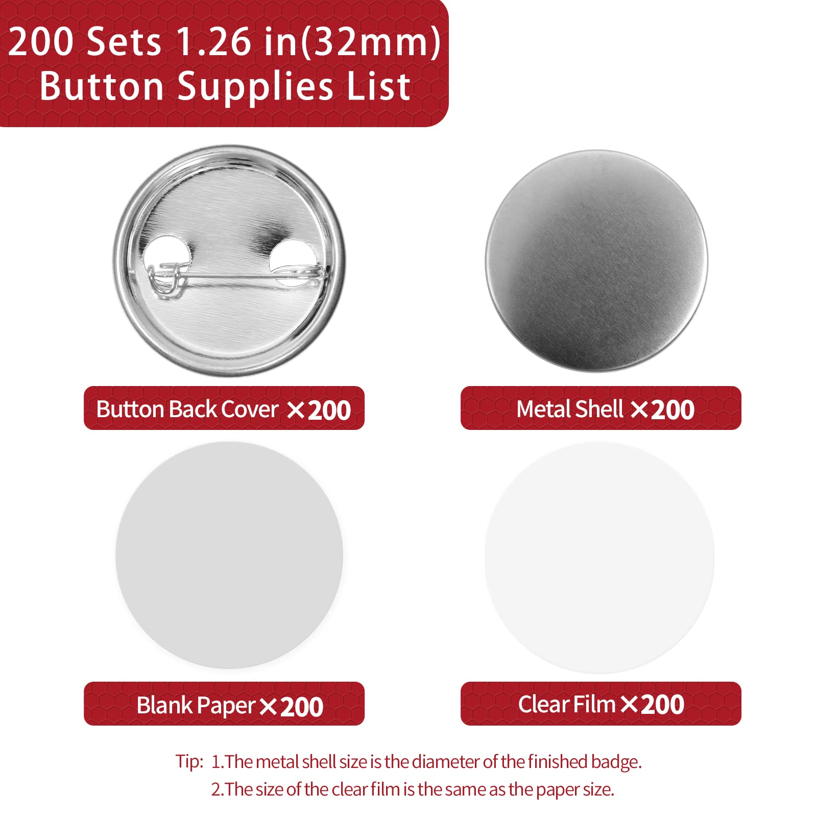 200 Pcs 32mm (1.26 Inch) Button Maker Kit - Metal Blank Buttons, Pin Badge Parts with Blank Paper - DIY Button Press Supplies for Crafts, Events & Promotions - Perfect for Custom Pins, Fundraisers & Party Favors