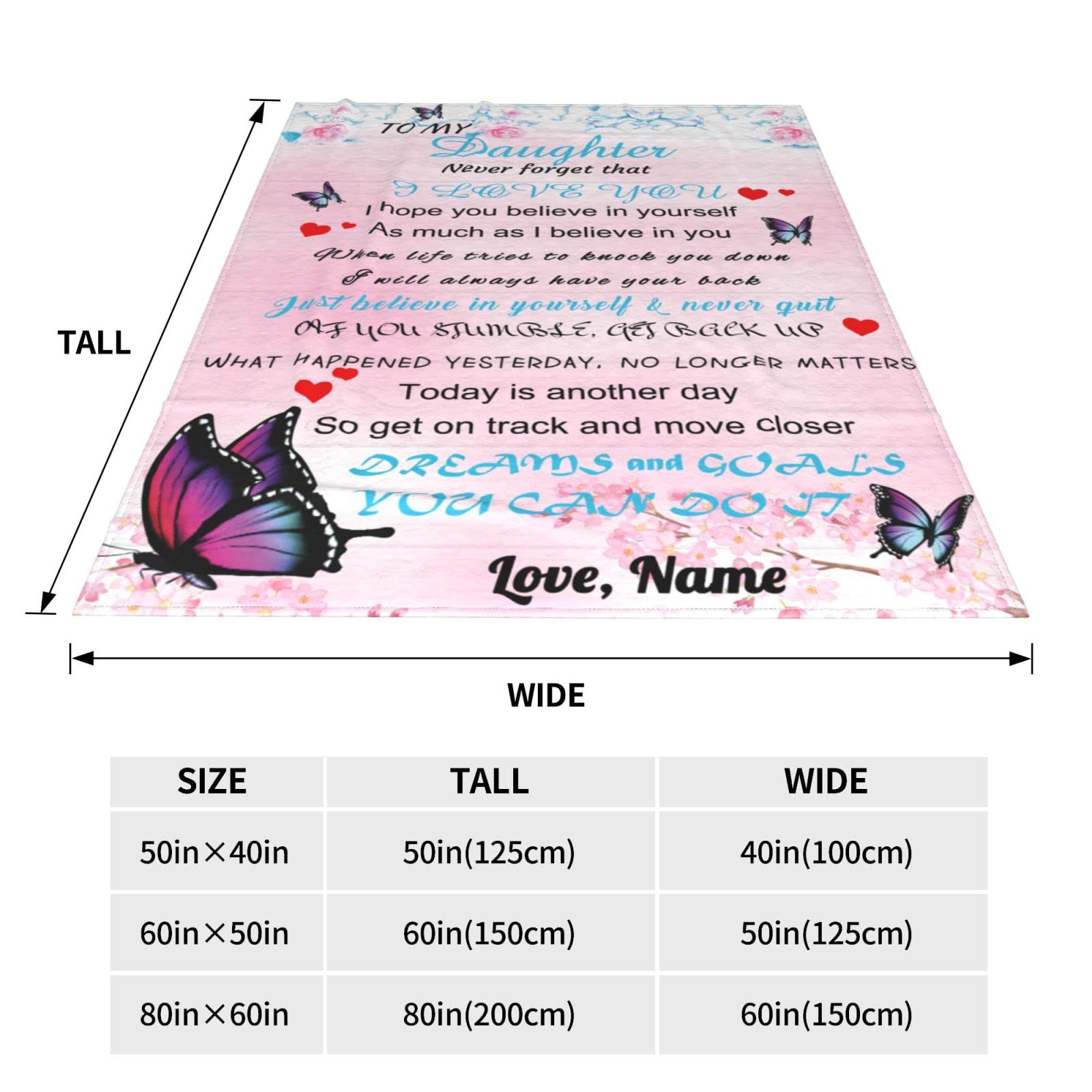 Personalized Custom Name Blanket - Love Letter to My Daughter from Dad & Mom - Butterfly Floral Design - 60x80 Inch Bed Throw - Perfect Gift for Birthday, Christmas & Special Occasions