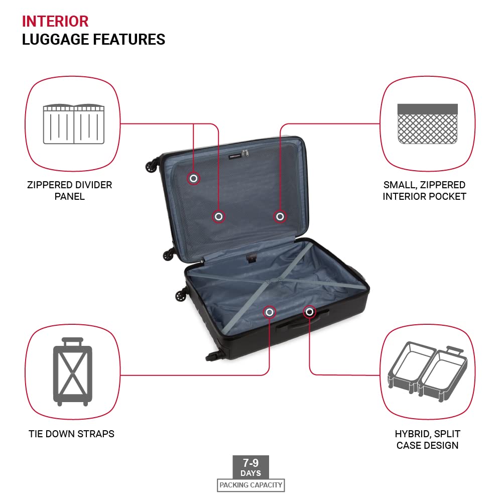 SwissGear 8018 Expandable Hardside Spinner Wheel Luggage - 27 Inch Large Checked Suitcase for Travel, Black | Perfect for International Flights & Long Trips