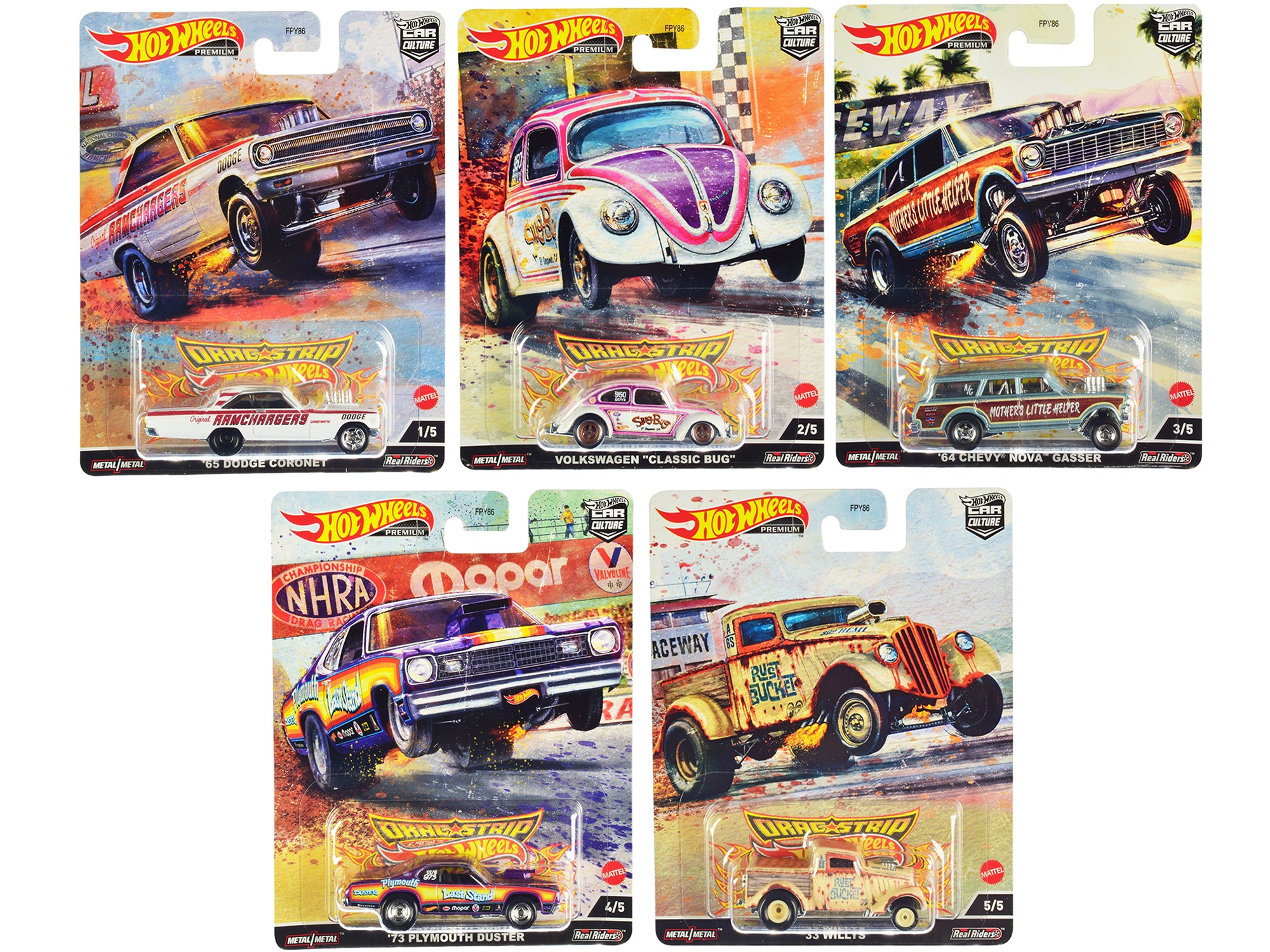 Hot Wheels Car Culture Series Diecast Model Cars - Drag Strip 5-Piece Collectible Set for Racing Enthusiasts | Perfect for Display, Gifts, and Play Scenes