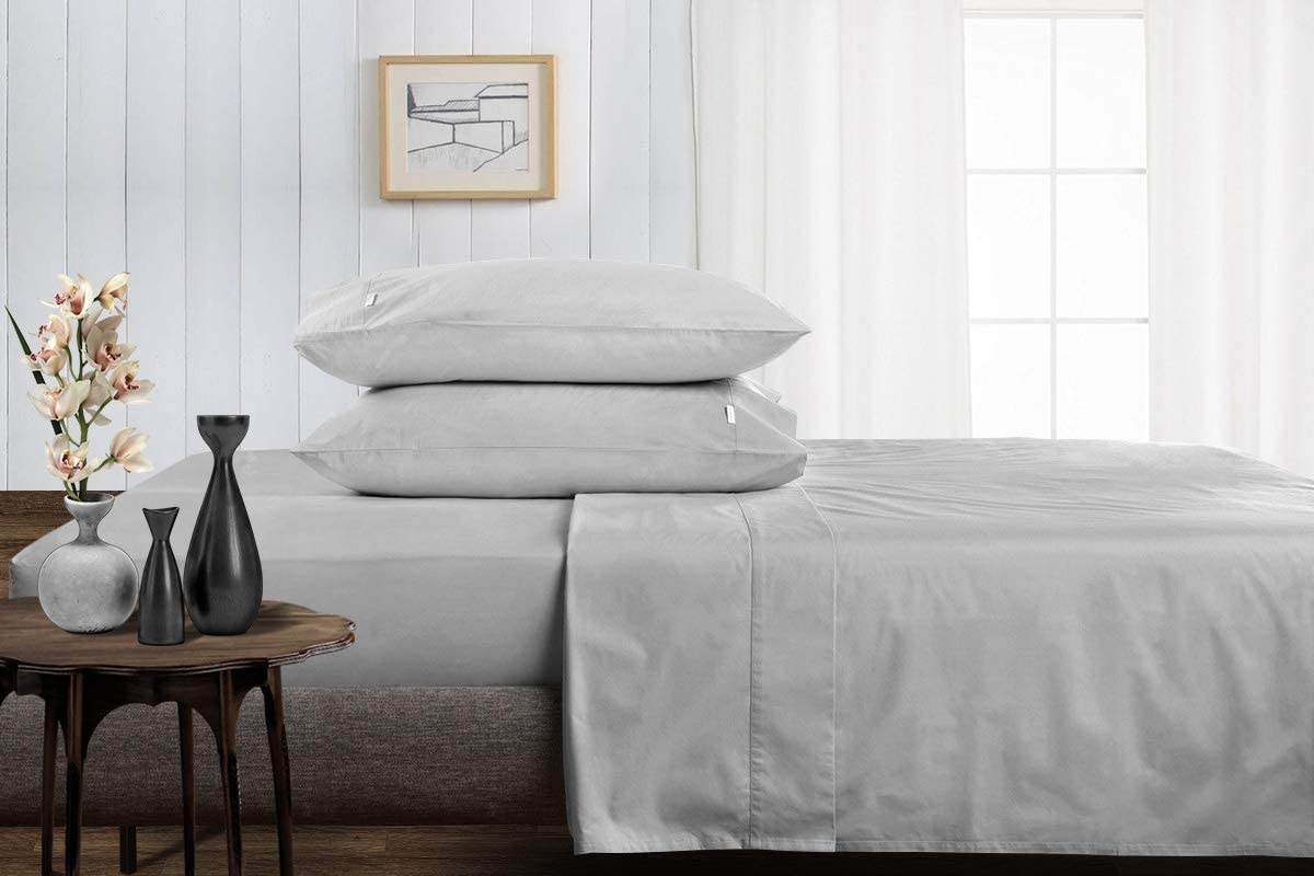 1000 Thread Count 100% Cotton Luxury Bed Sheet Set - Ultra Soft Breathable Queen Size Sheets, 4-Piece Light Grey Deep Pocket (Fits 15