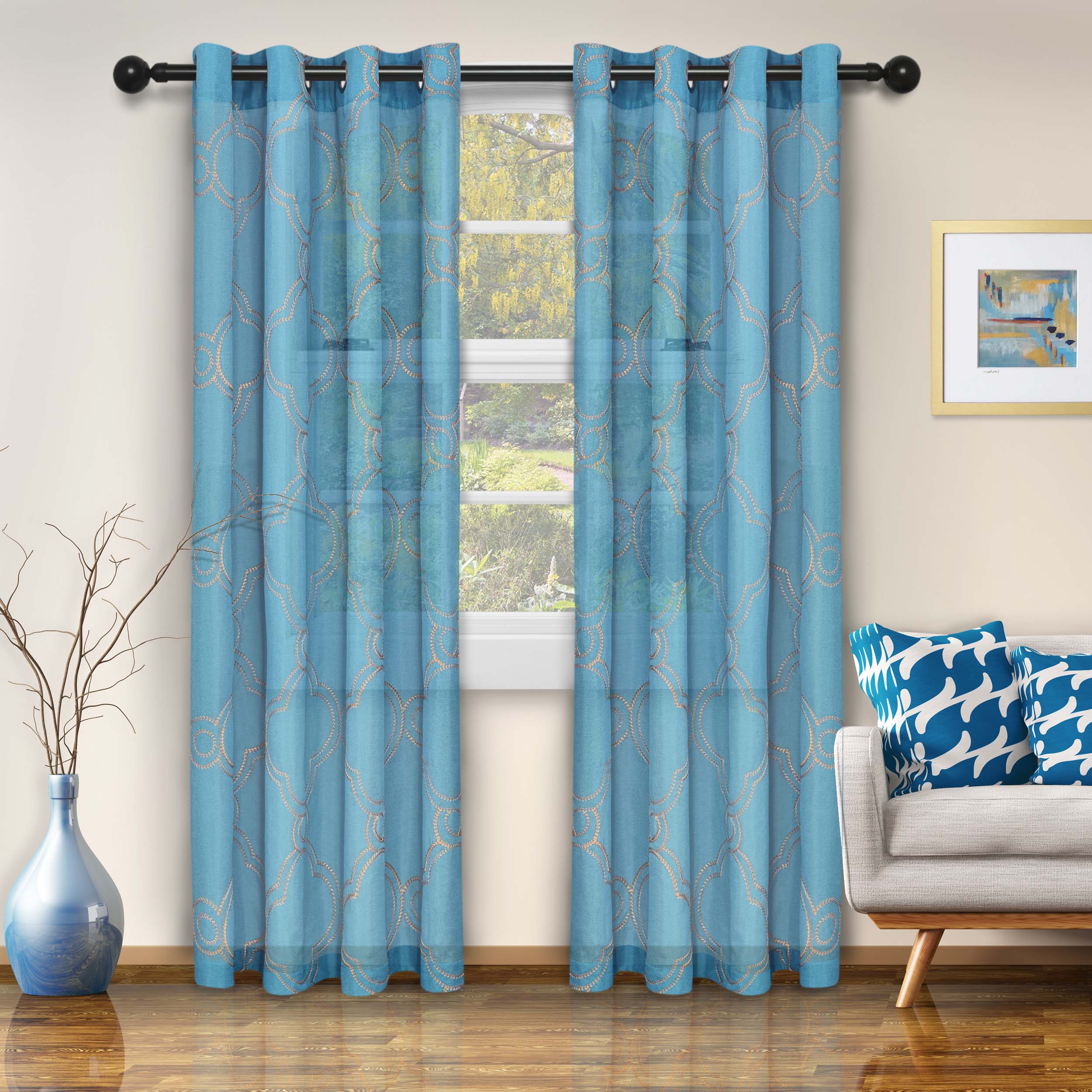 Embroidered Moroccan Sheer Grommet Curtain Set - Elegant Window Treatments for Living Room, Bedroom & Boho Home Decor
