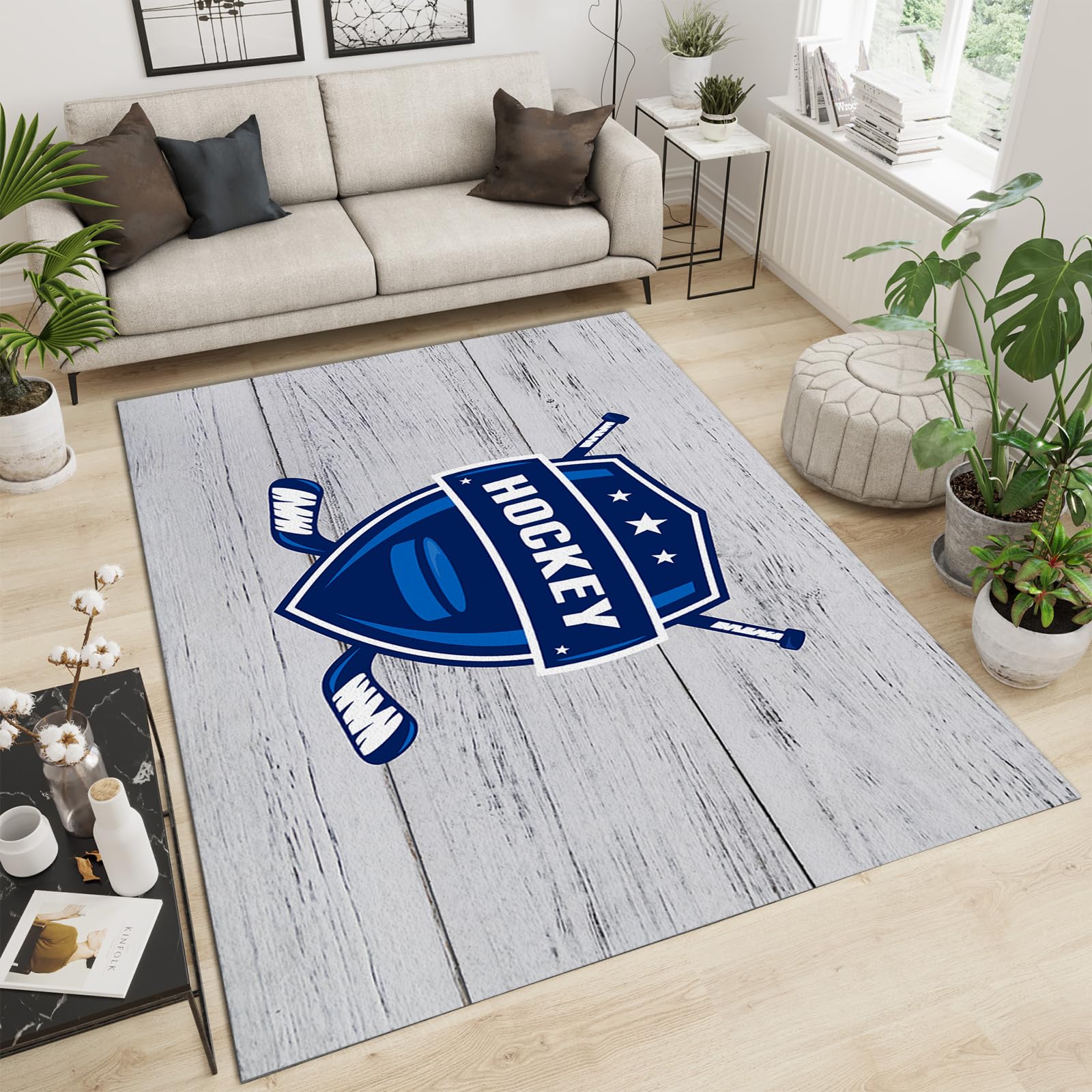6x8ft Large Area Rugs for Kids Room - Hockey Shield Design with Wood Grain Pattern | Non-Slip Nursery & Classroom Rug in Light Gray | Perfect for Teen Boys Bedroom, Playroom & Home Decor