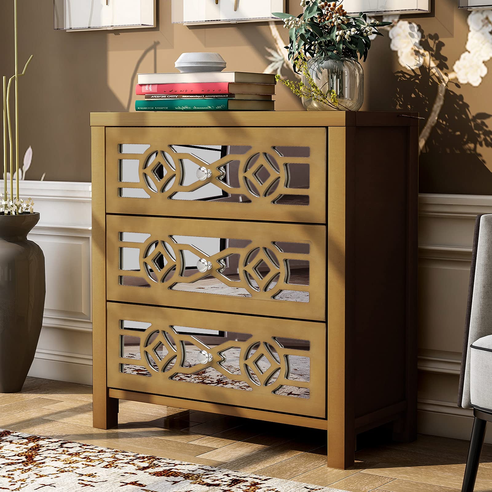 Wooden Nightstand with 3 Drawers & Mirror - Gold Bedside Table for Bedroom Storage