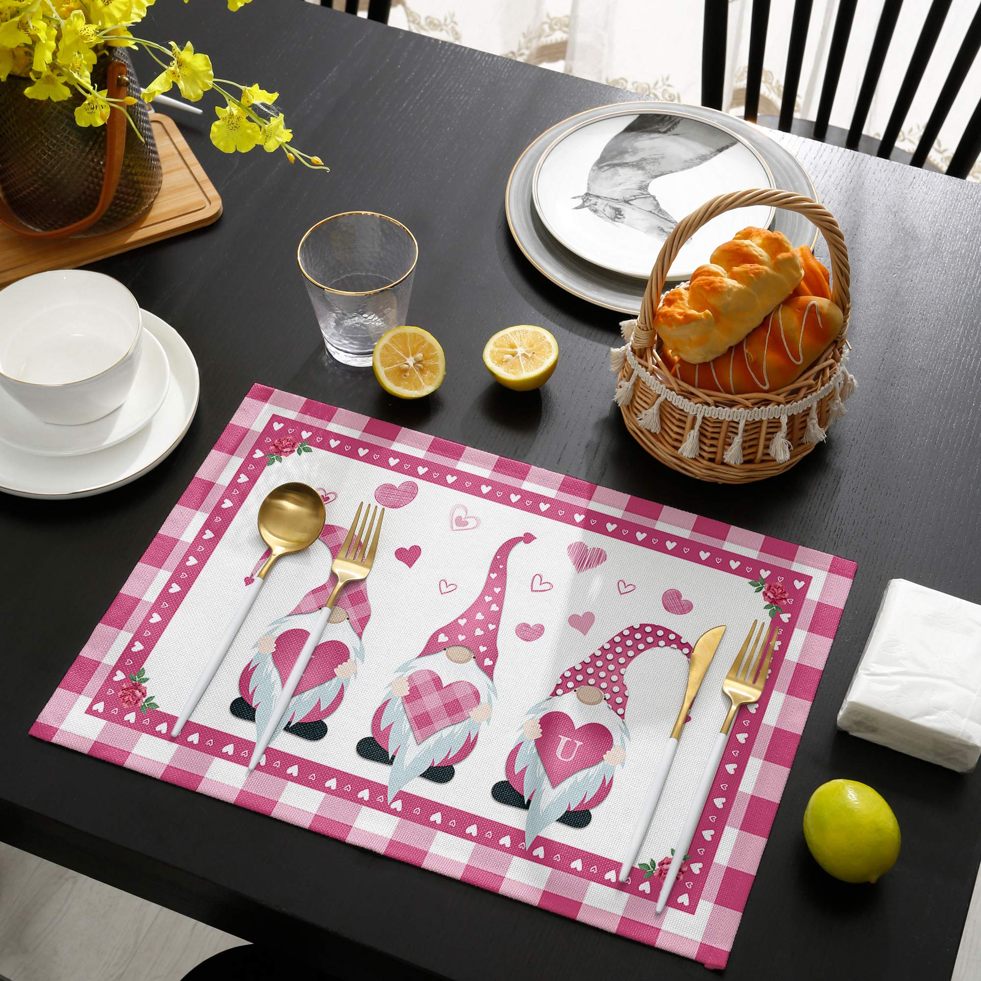 Valentine's Day Placemats Set of 4 - Pink Gnome Heart Design, Rose Pink Buffalo Check Plaid Table Mats for Dining Table - Non-Slip Home Decor for Wedding, Party & Romantic Dinners