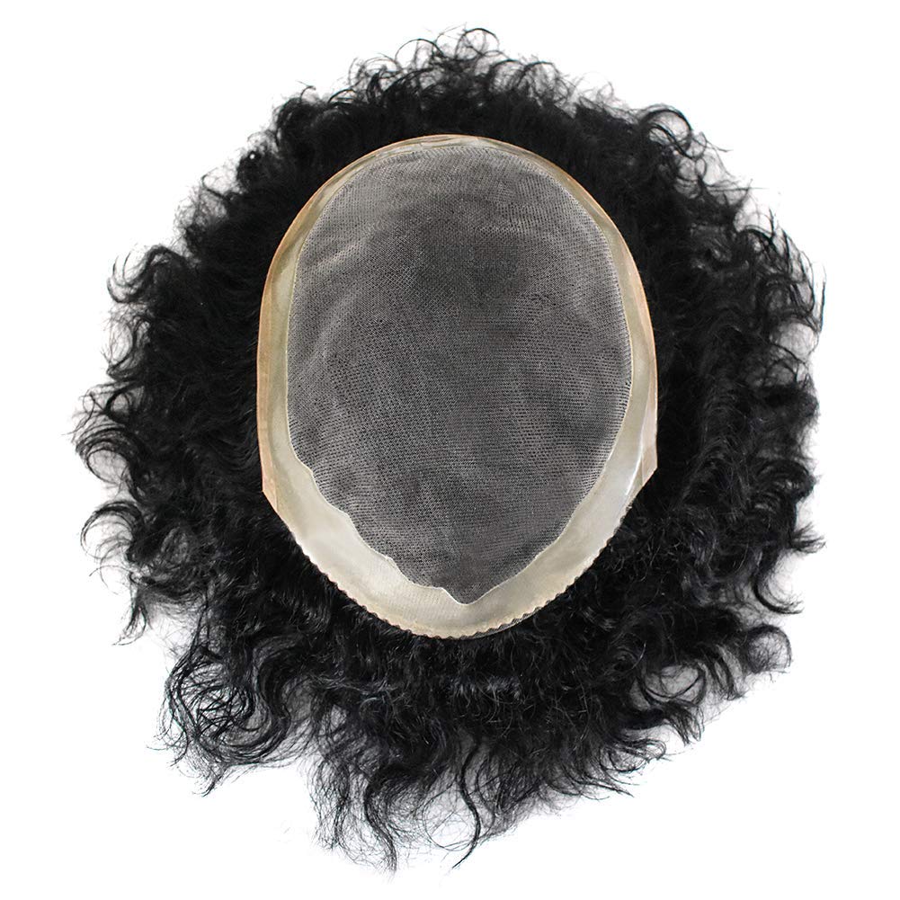 Men's Black Human Hair Toupee - Curly Wavy Monofilament Hairpiece with Poly Skin NPU Base | 20MM Wave 6