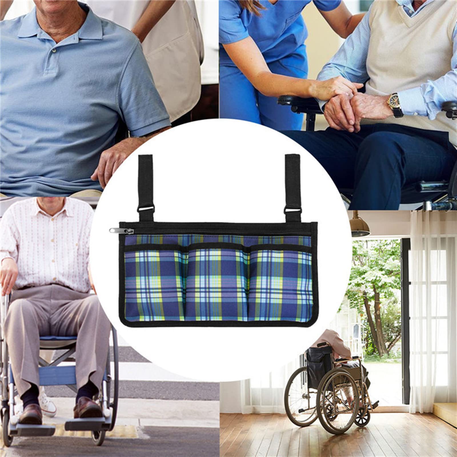 Waterproof Wheelchair Armrest Side Bag with Reflective Stripe - Durable Storage Pouch for Wheelchairs, Walkers, Rollators & Mobility Scooters (Blue Plaid) - Perfect for Daily Essentials, Outdoor Activities & Travel Accessories