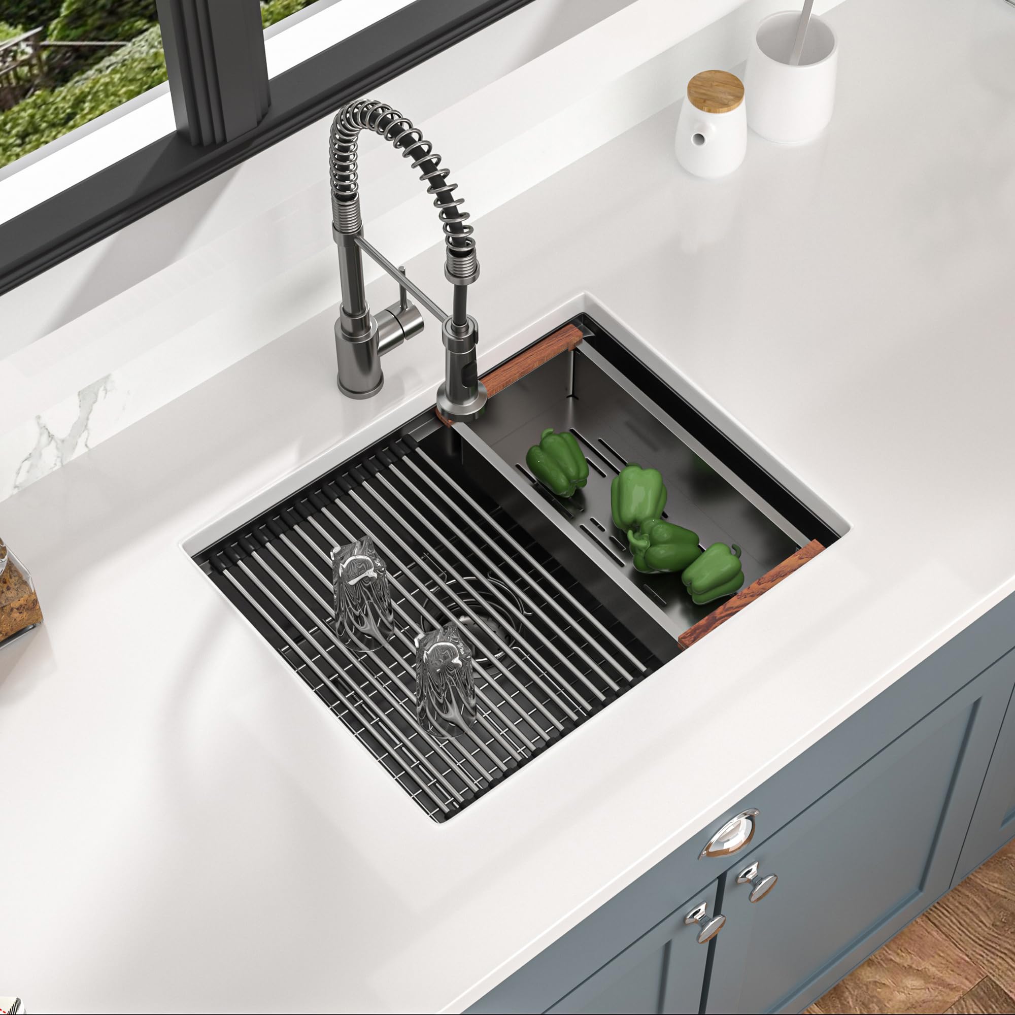 Mocoloo 23x19 Inch Undermount Stainless Steel Single Bowl Kitchen Sink - Black Bar Prep Workstation with Handmade Design for Small Kitchens | Perfect for Food Prep, Dishwashing & Entertaining