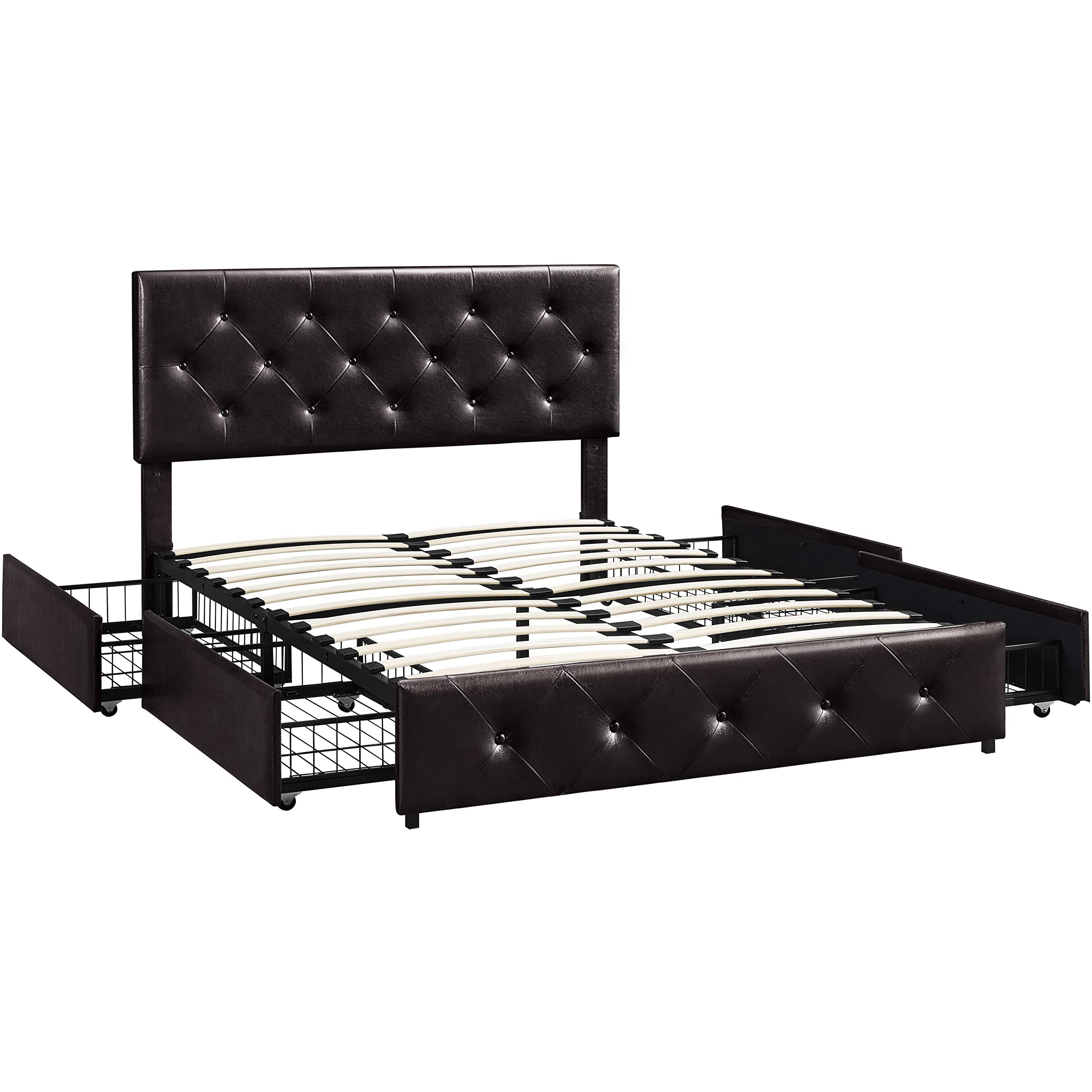 Topeakmart Queen Upholstered Bed Frame with Adjustable Headboard, 4 Storage Drawers & Wood Slat Support - Tufted Faux Leather Platform Bed, No Box Spring Needed (Black Brown) - Perfect for Small Bedrooms, Guest Rooms & Space-Saving Storage Solutions