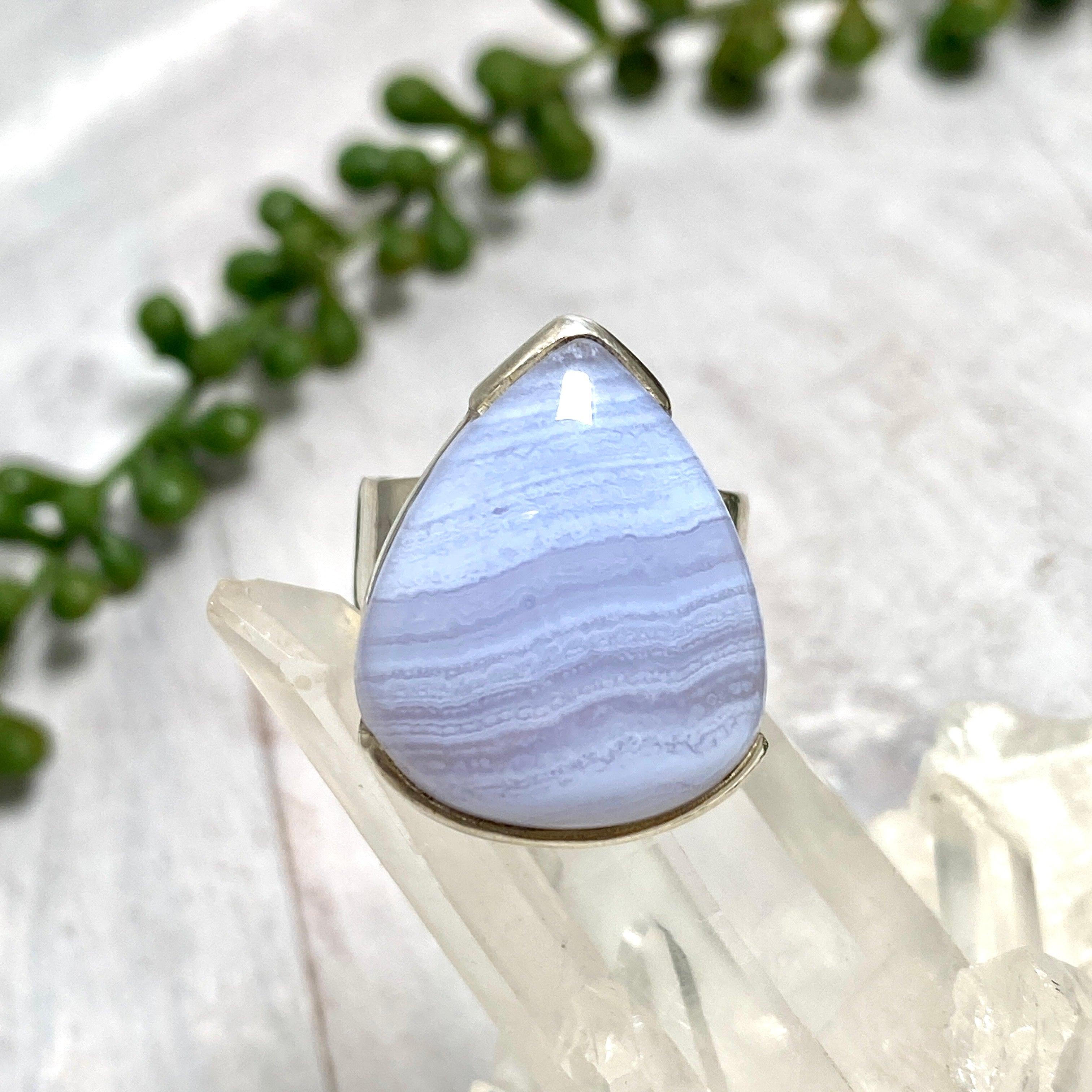 Blue Lace Agate Teardrop Cabochon Ring - Size 10 - KRGJ1898 - Elegant Handmade Jewelry for Women, Perfect for Weddings, Parties & Special Occasions