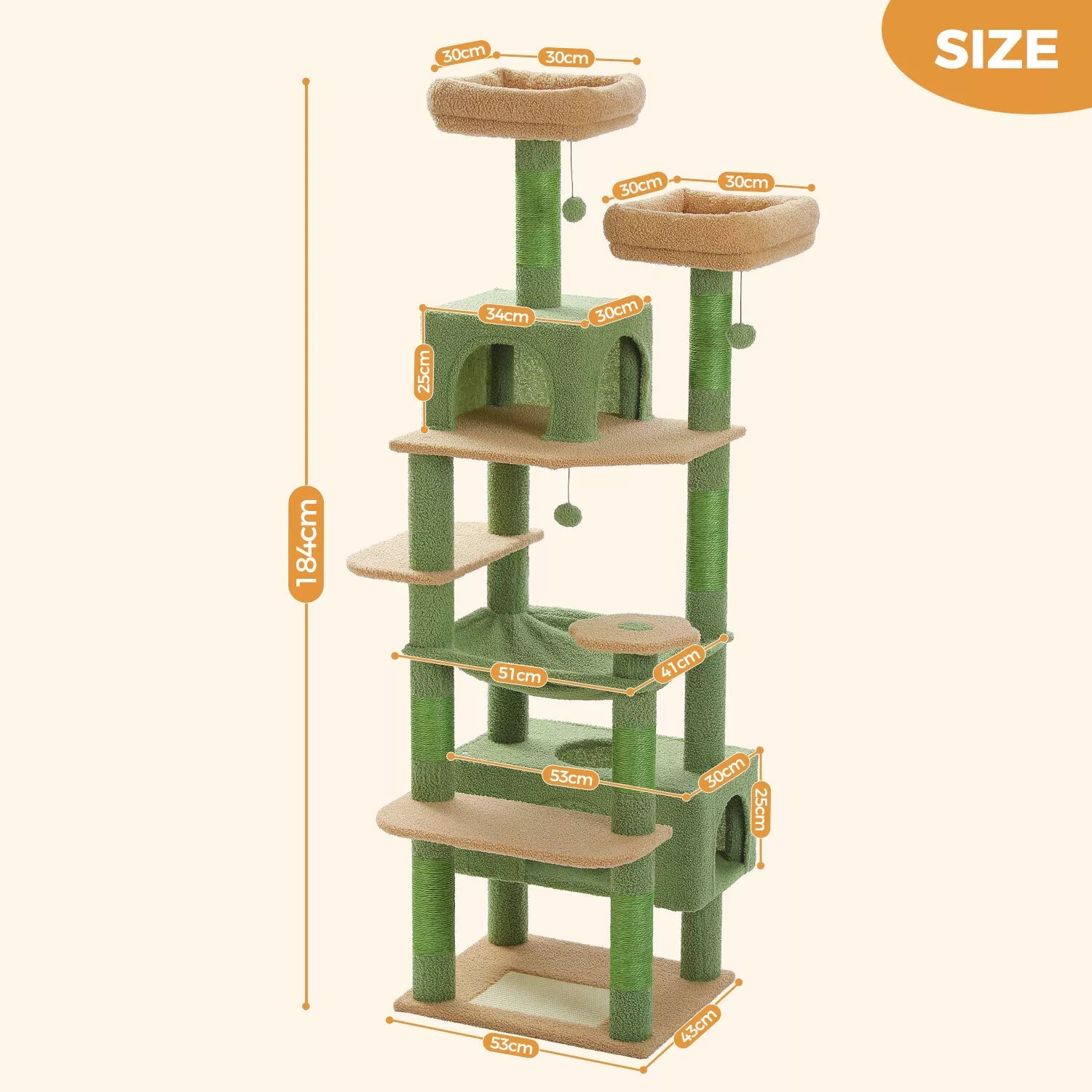 184cm Tall Cat Tree Tower with Scratching Posts, Condo & Cozy Bed - Perfect for Indoor Cats to Play, Climb & Rest