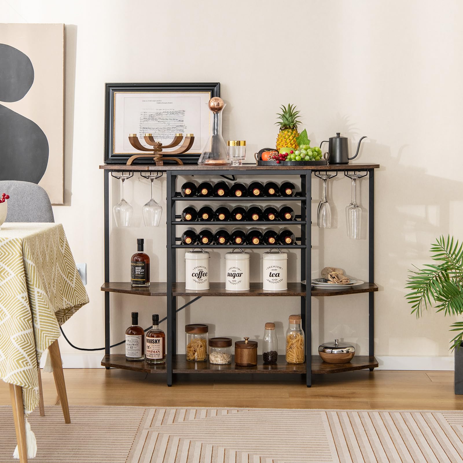 COSTWAY 3-Tier Wine Bar Cabinet with Power Outlets - Rustic Brown Liquor Storage with Wine Bottle Racks & Glass Holders, Freestanding Mini Bar Table for Kitchen, Dining Room, Home Pub or Office - Perfect for Entertaining Guests & Displaying Your Wine Collection