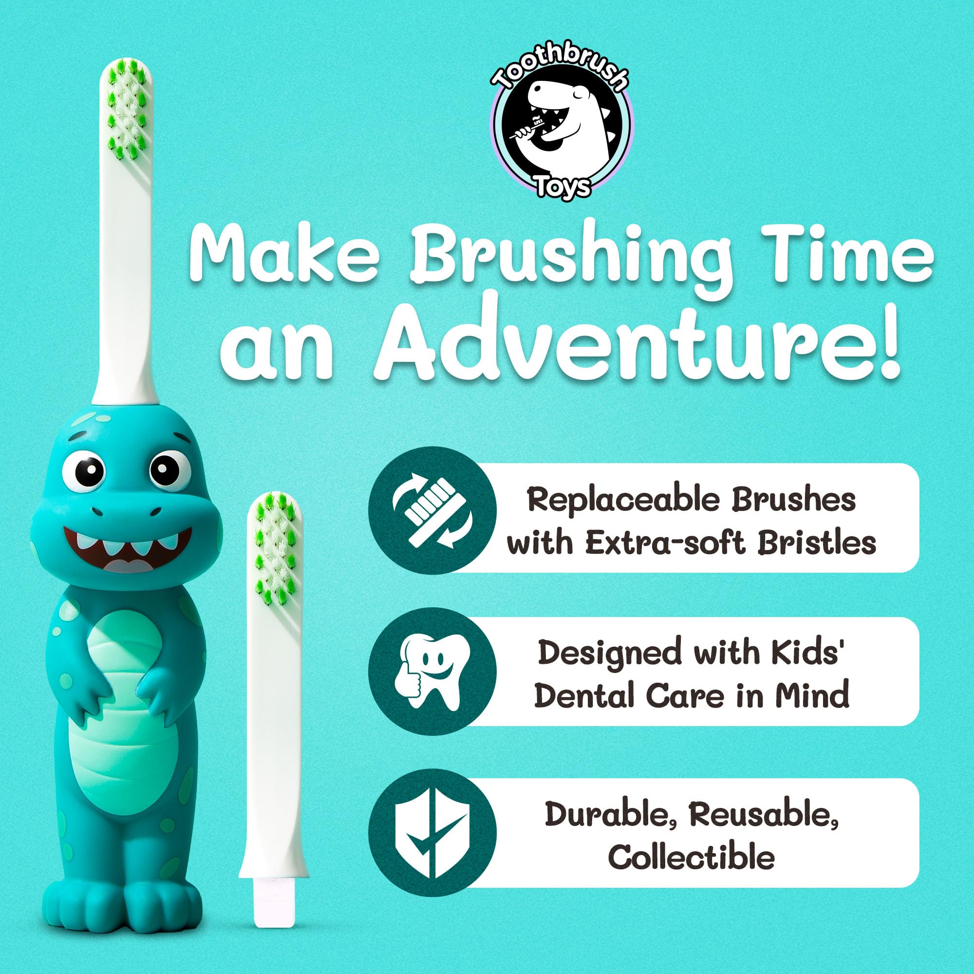 Dinosaur Toothbrush for Kids Ages 2+ | Soft Bristles & Replaceable Brush Head | Gentle & Cute Children's Toothbrush with Ergonomic Handle | Perfect for Toddler Teeth Care & Bath Time Routine