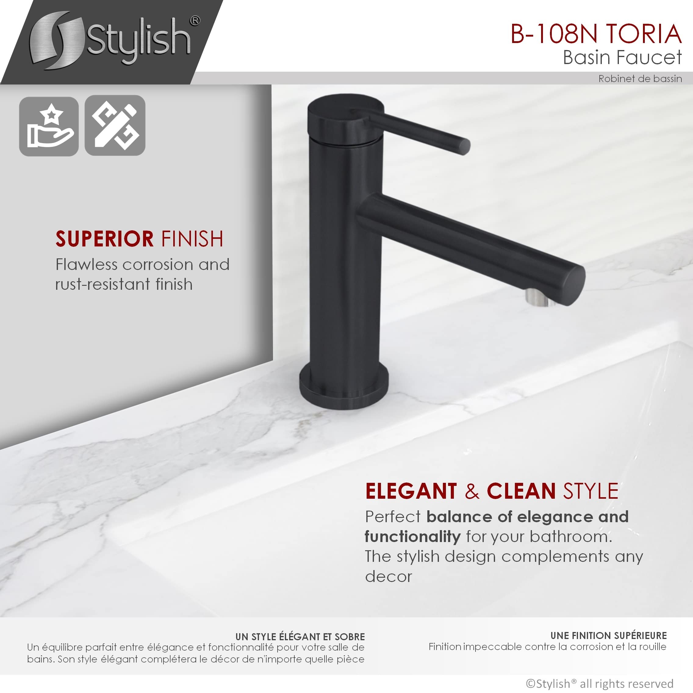 Stylish Single Handle Bathroom Faucet - Solid Stainless Steel 1 Hole Vanity Sink Faucet with Matte Black Finish (Model B-108N) - Perfect for Modern Bathroom Renovations & Small Space Sinks
