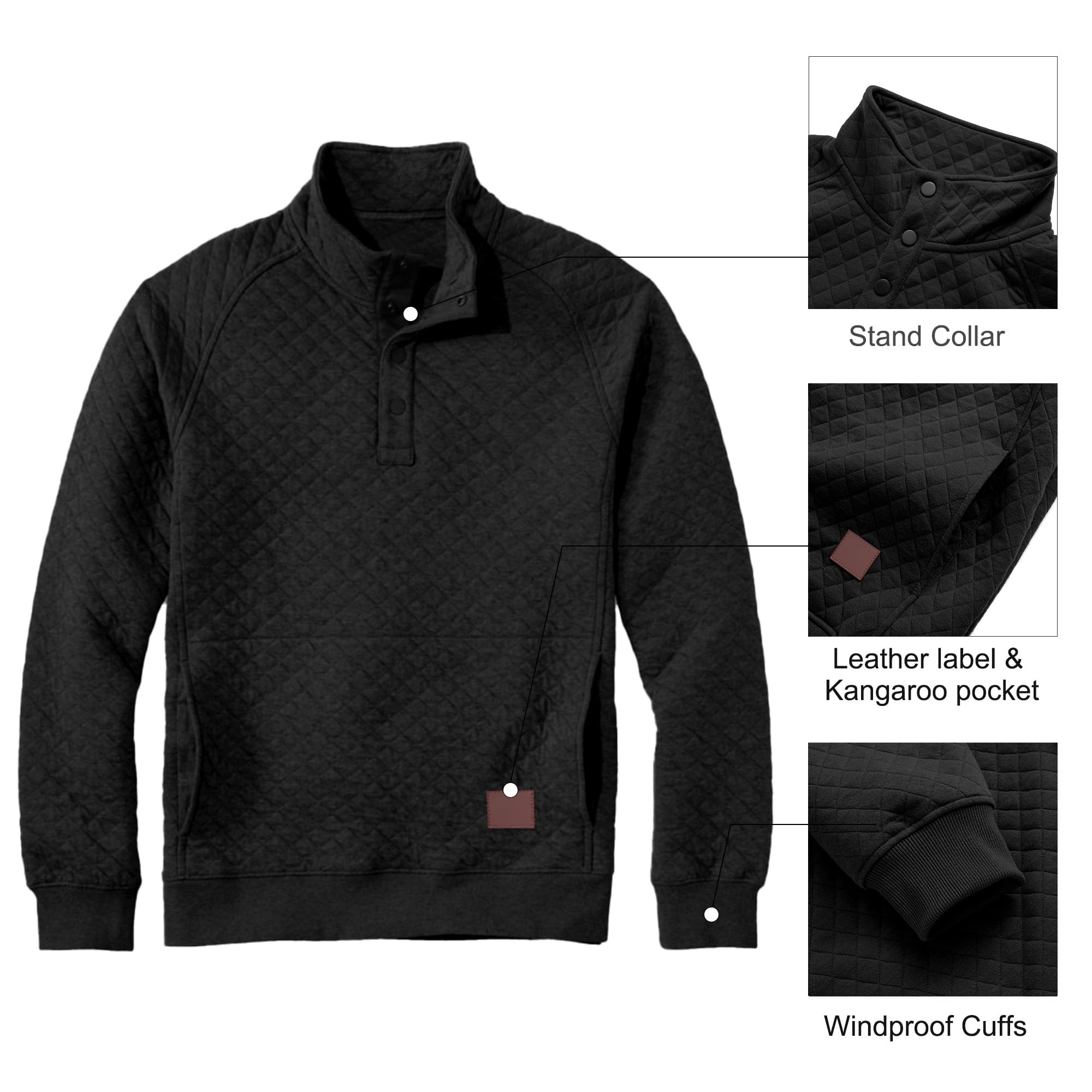 Comdecevis Men's Quilted Pullover Sweatshirt - Long Sleeve Mock Neck Waffle Knit Polo Shirt with Pockets | Casual Winter Wear for Outdoor Activities & Daily Comfort