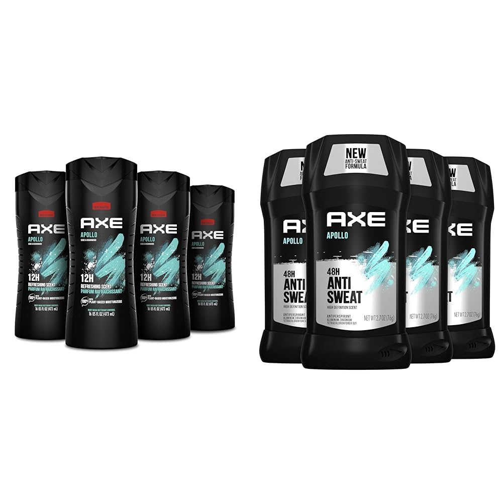 AXE Apollo Men's Body Wash & Deodorant Set - 4 Pack Sage & Cedarwood Scent | 48-Hour Freshness | Long-Lasting Shower & Protection | Perfect for Gym, Work & Daily Use