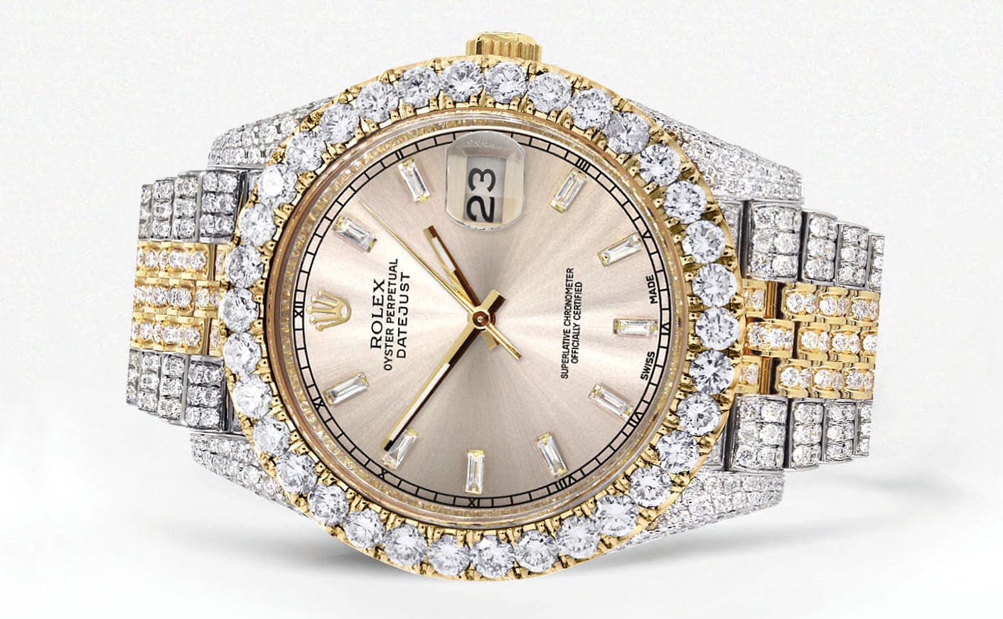 Luxury Diamond Iced Out Rolex Datejust 41 Watch - 25 Carats Genuine Diamonds | Custom Pink Dial | Two-Tone Stainless Steel & Gold | Jubilee Bracelet - Perfect for Gifts, Special Occasions & Luxury Fashion Statements