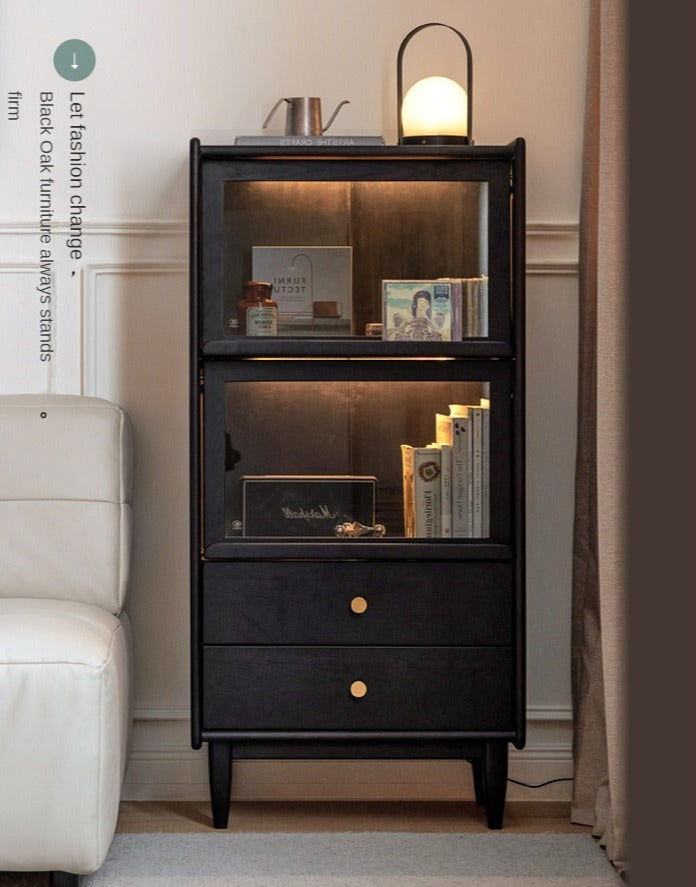 Solid Oak Wood Side Cabinet - Black Finish | Stylish Storage for Living Room, Bedroom, or Office