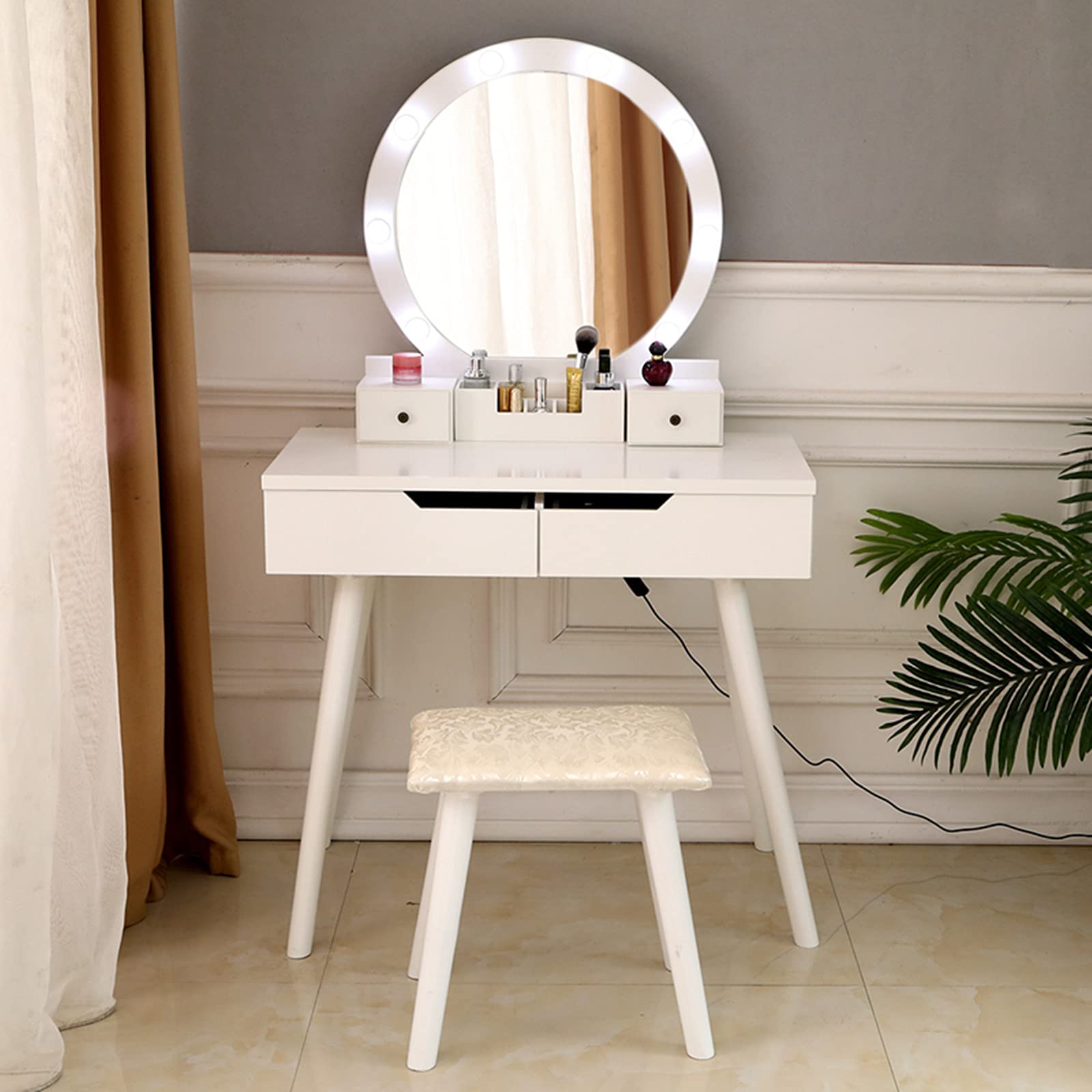 Bysesion GT1-JL FCH White Vanity Dressing Table with Round LED Mirror, 4 Storage Drawers - Perfect for Bedroom Makeup & Beauty Organization
