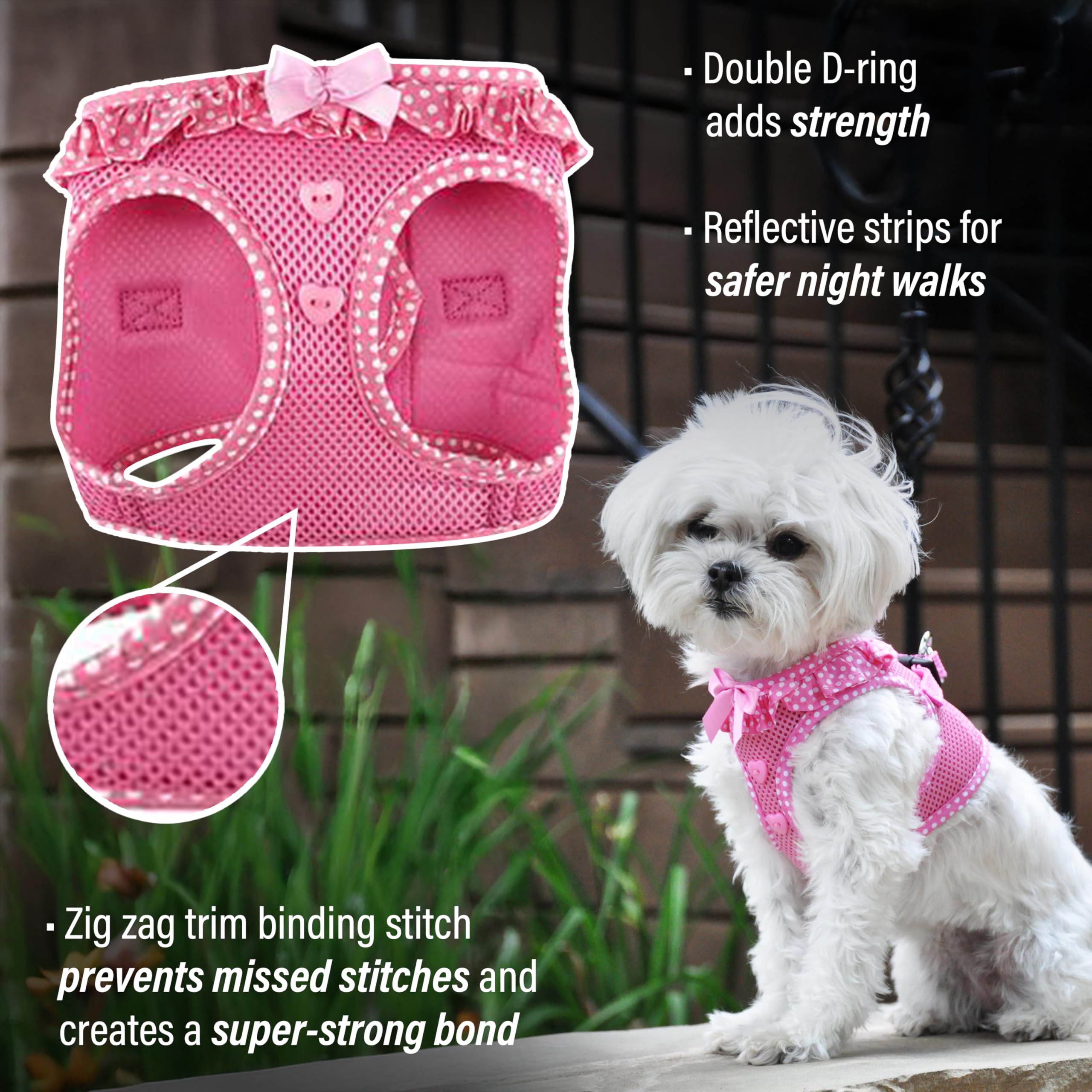 Doggie Design No-Choke Dog Harness - Breathable Mesh Polyester Pet Vest with Easy Step-in Design | Adjustable & Comfortable for Small to Medium Dogs | Perfect for Walking, Training & Outdoor Adventures - Pink Polka Dot - Size M