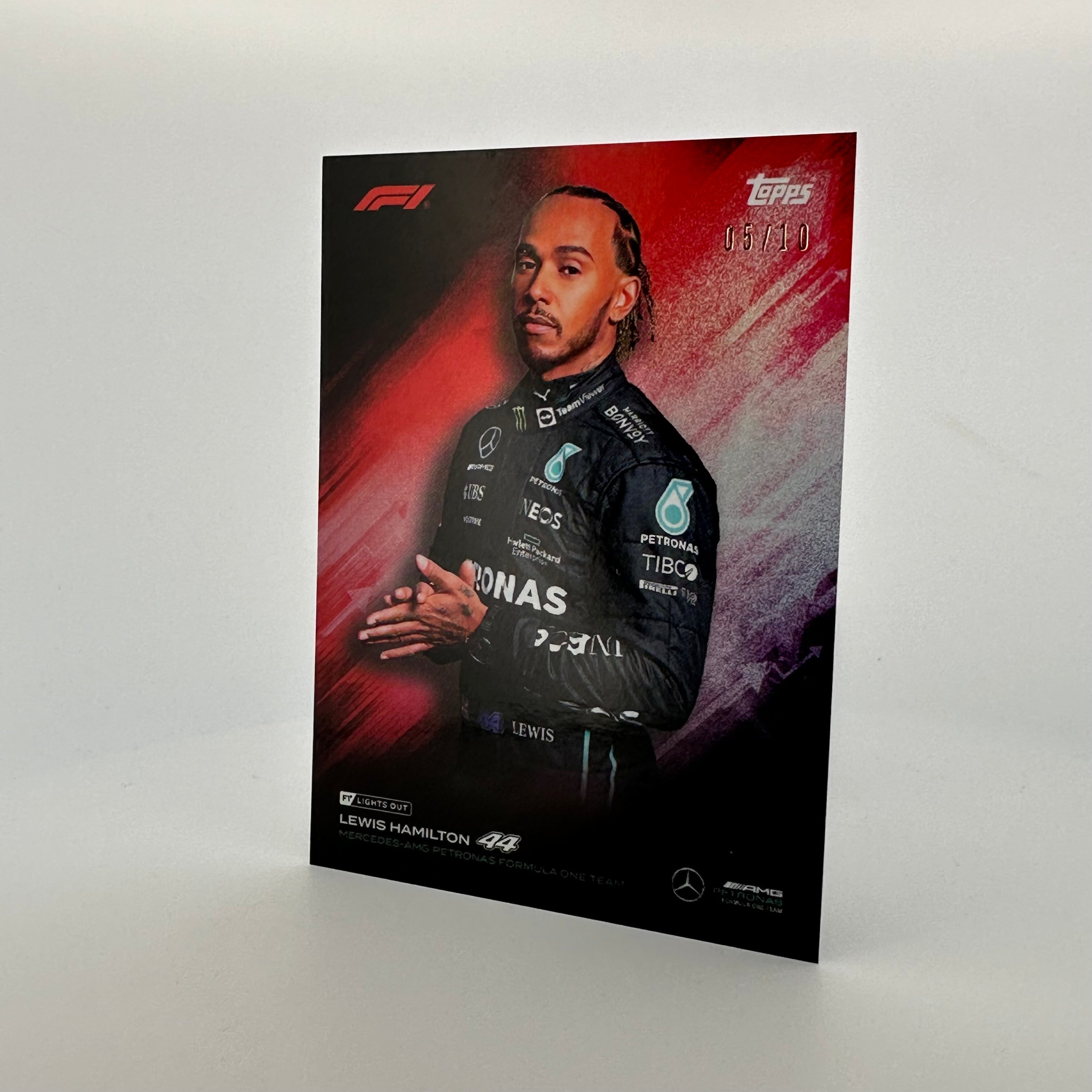 2022 Topps Lights Out Lewis Hamilton #5/10 Red - Rare F1 Racing Card for Collectors & Fans - Perfect for Display, Trading, and Memorabilia Collections