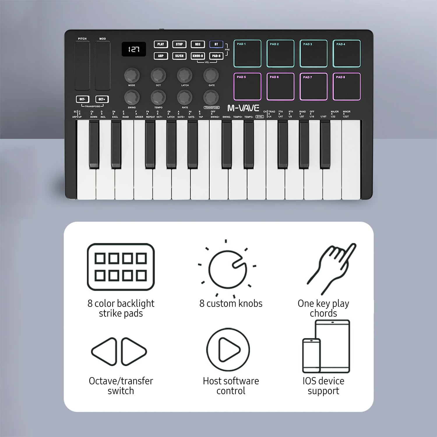 M-VAVE 25 Key USB MIDI Keyboard Controller with 8 Backlit Drum Pads - Wireless Semi-Weighted Professional Dynamic Keybed, 8 Knobs & Included Software - Perfect for Music Production, Home Studio Recording & Live Performances