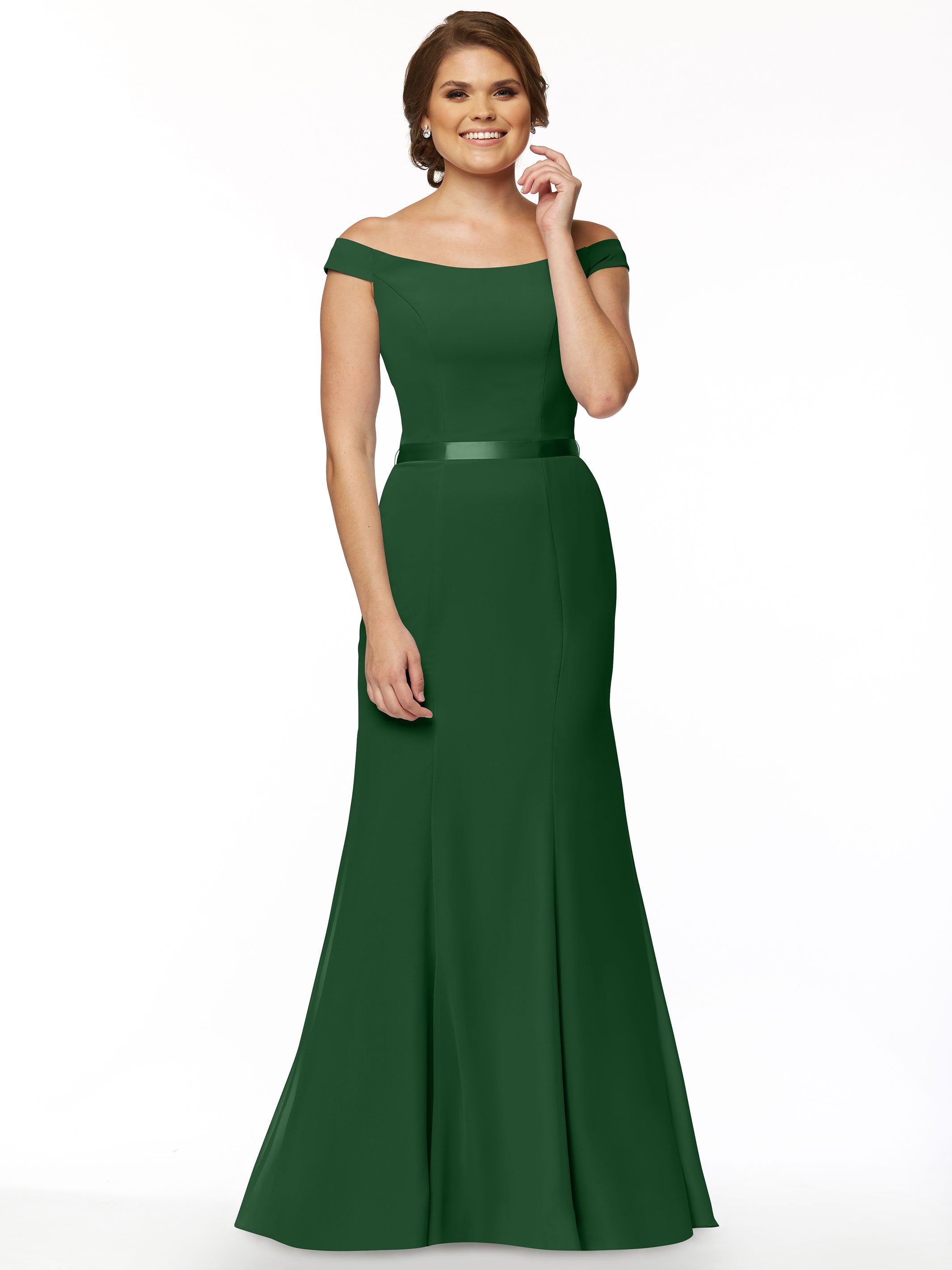 Elegant Off-The-Shoulder Chiffon Bridesmaid Dress with Ribbon Belt - Flowy Fit & Flare Design for Weddings, Parties & Special Occasions | Style #80079