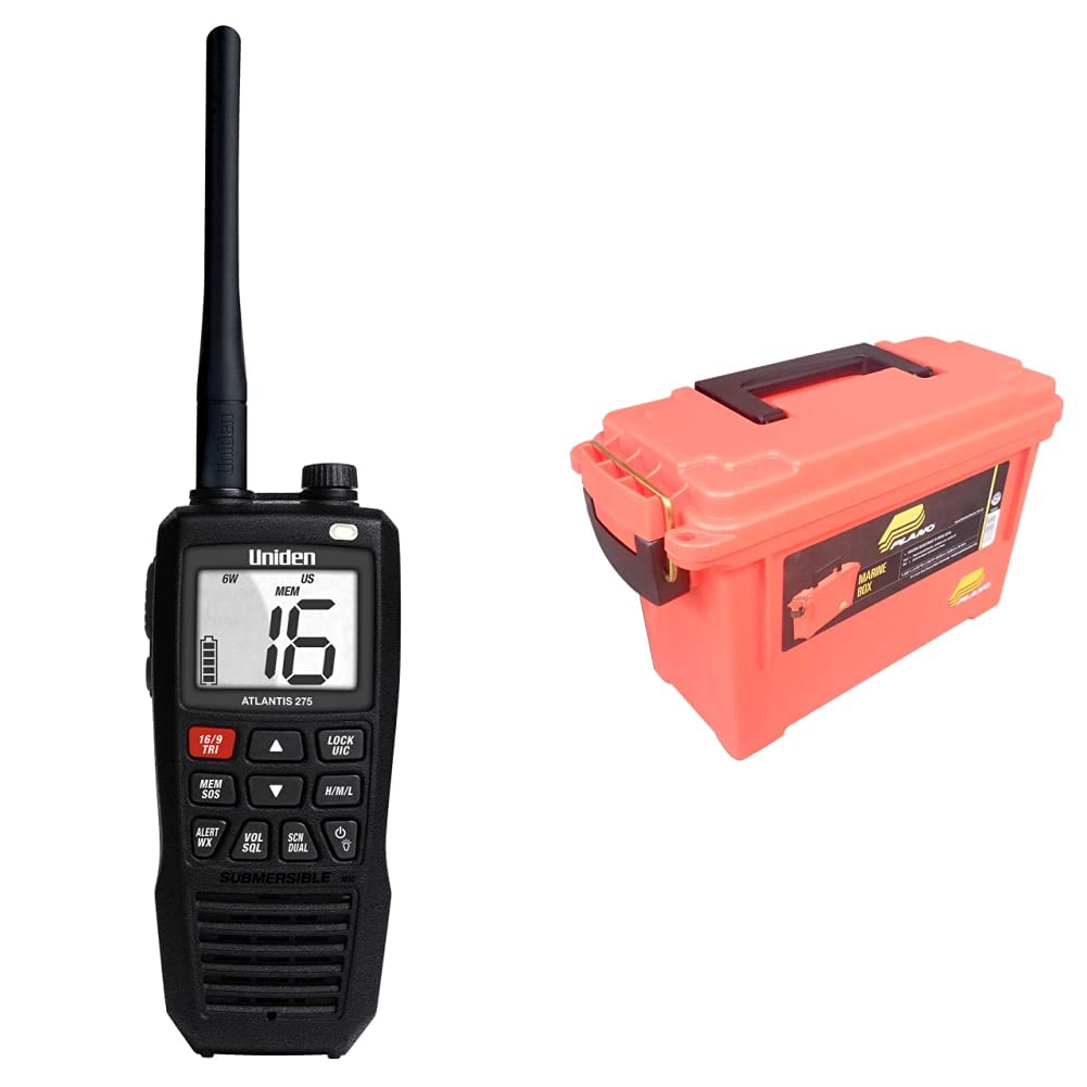 Uniden Atlantis 275 Waterproof Handheld VHF Marine Radio with NOAA Weather Alerts & Emergency Marine Box by Plano 131252 - Perfect for Boating, Fishing & Emergency Preparedness