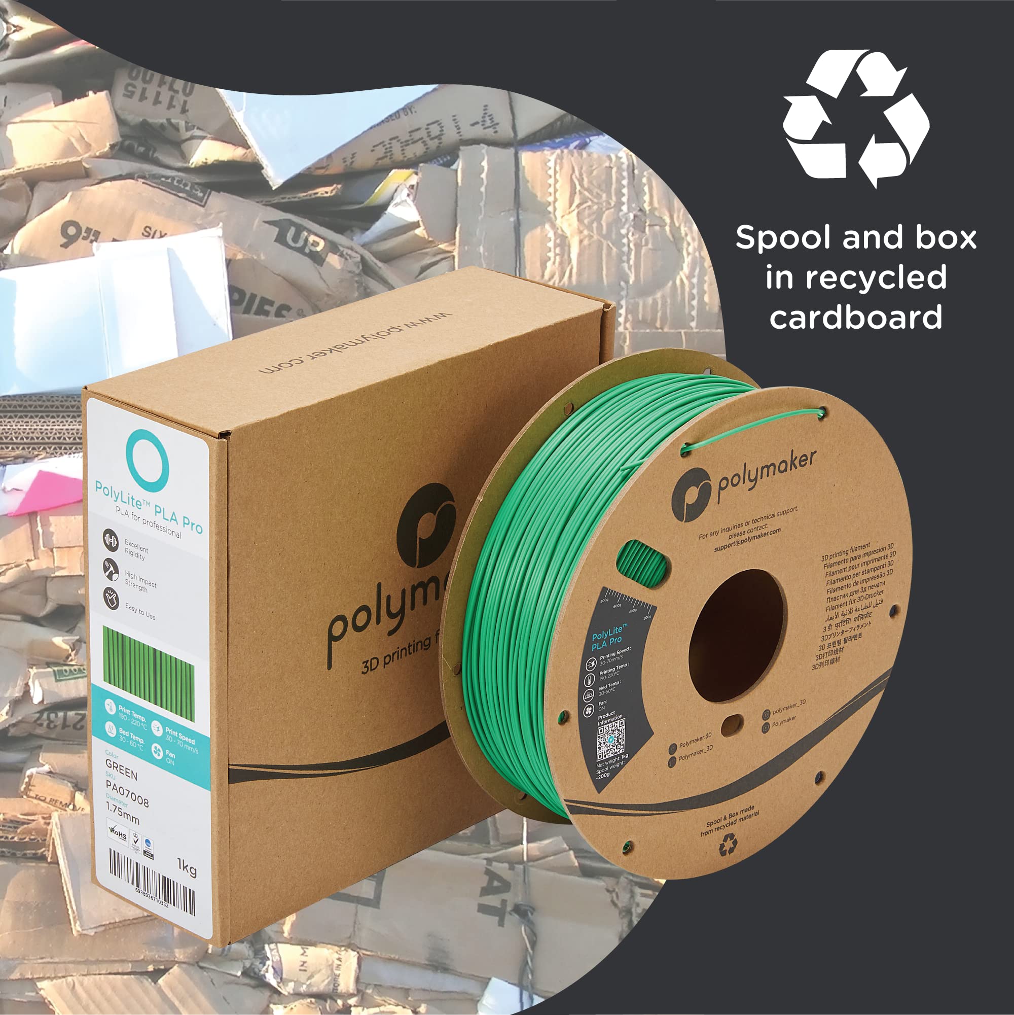 Polymaker PLA PRO Filament 1.75mm Green - High Strength 3D Printer Filament 1kg Spool | PolyLite PLA PRO Tough & Rigid Filament for 3D Printing | Ideal for Functional Prototypes, DIY Projects & Cosplay Props