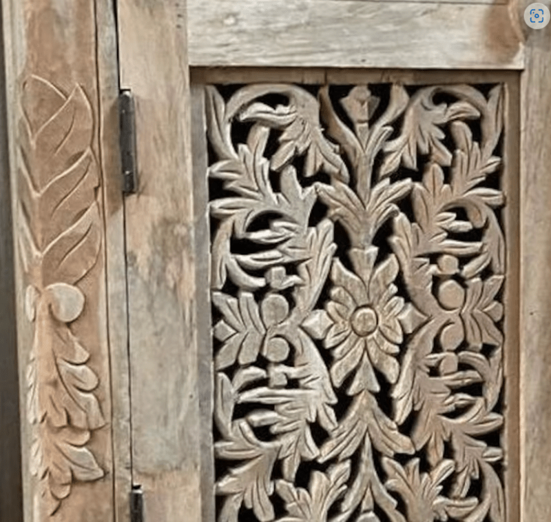 Hand Carved Solid Wood Entryway Cabinet with 2 Doors & 2 Drawers - Natural Wooden Storage for Hallway, Foyer & Living Room Organization