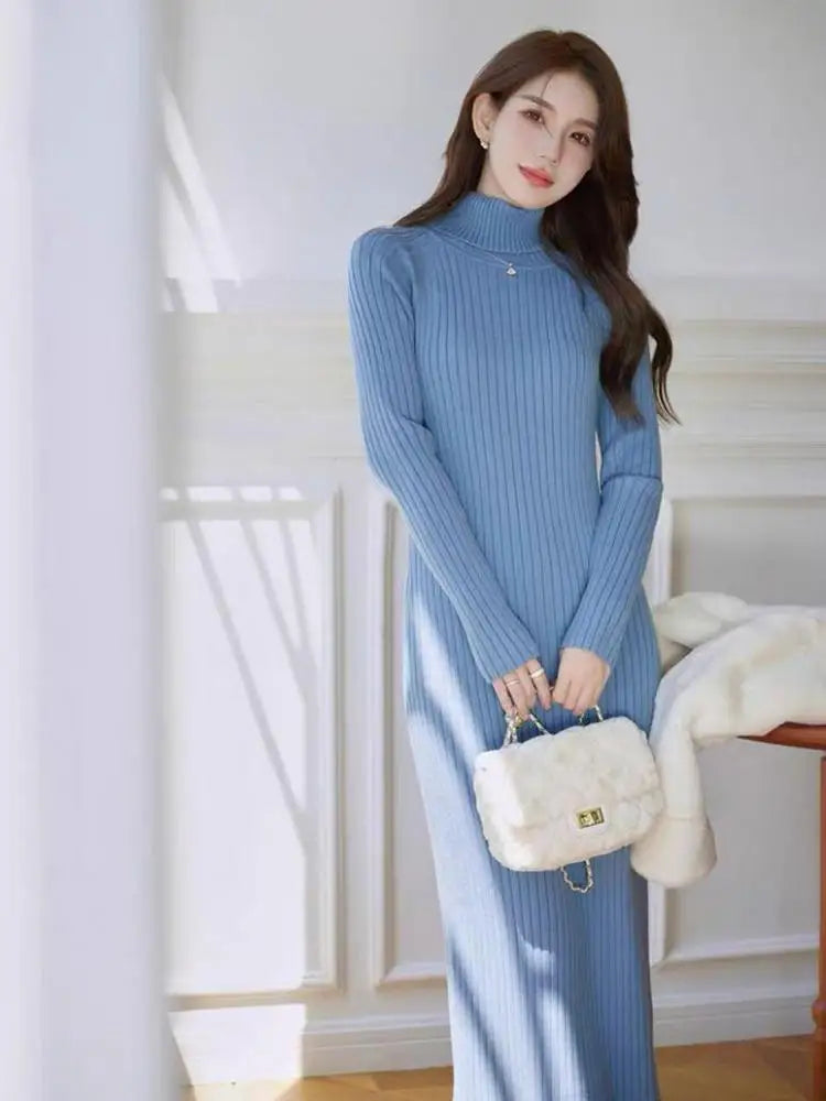 Women's White & Black Knit Sweater Dress - Long Sleeve Turtleneck Wrap Hip Dress for Fall Winter | Casual Office Wear & Holiday Outfit