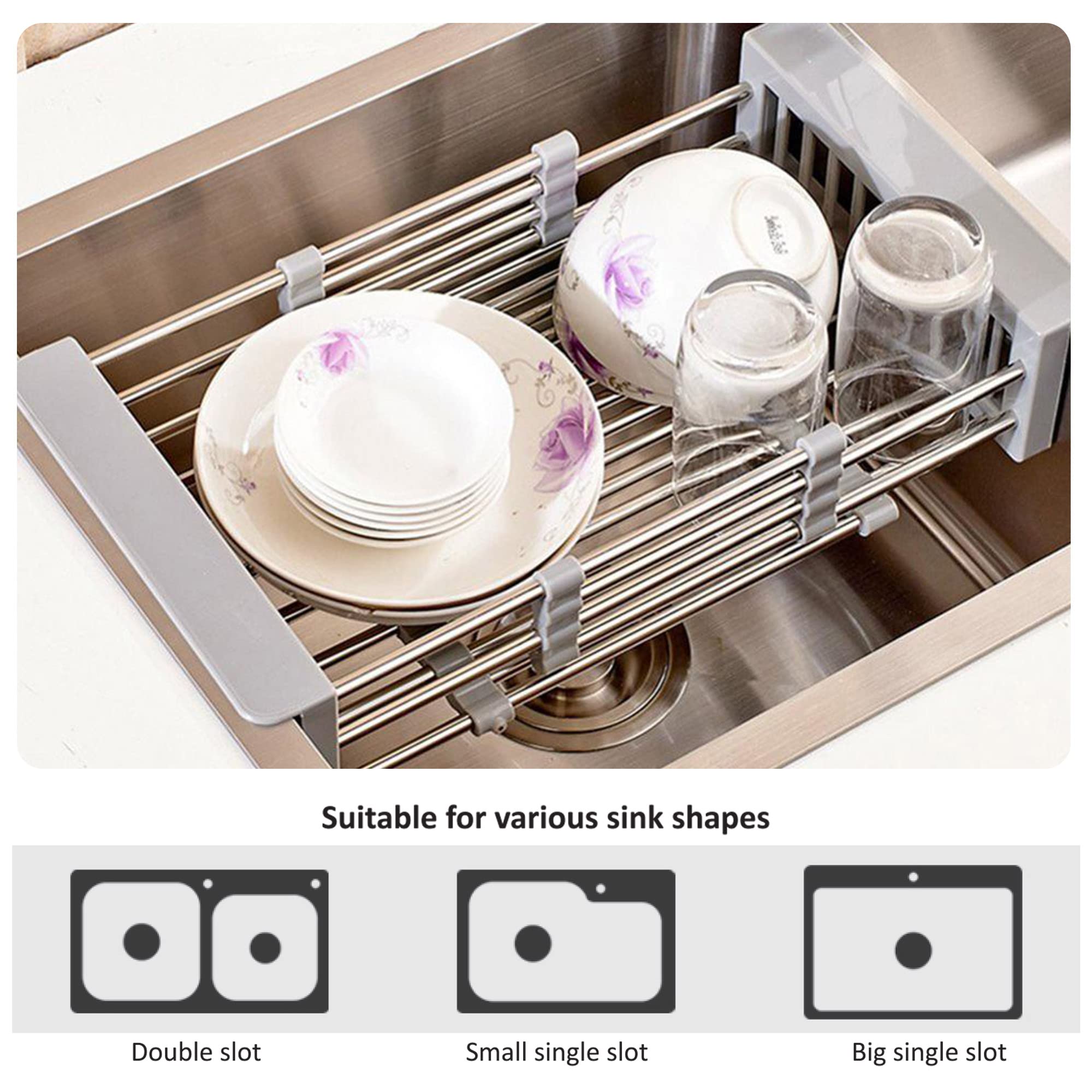 Expandable Stainless Steel Sink Drying Rack - Adjustable Dish Drainer Basket for Kitchen Countertop | Space-Saving Over Sink Organizer for Dishes, Utensils & Cookware | Perfect for Small Kitchens & RV Use
