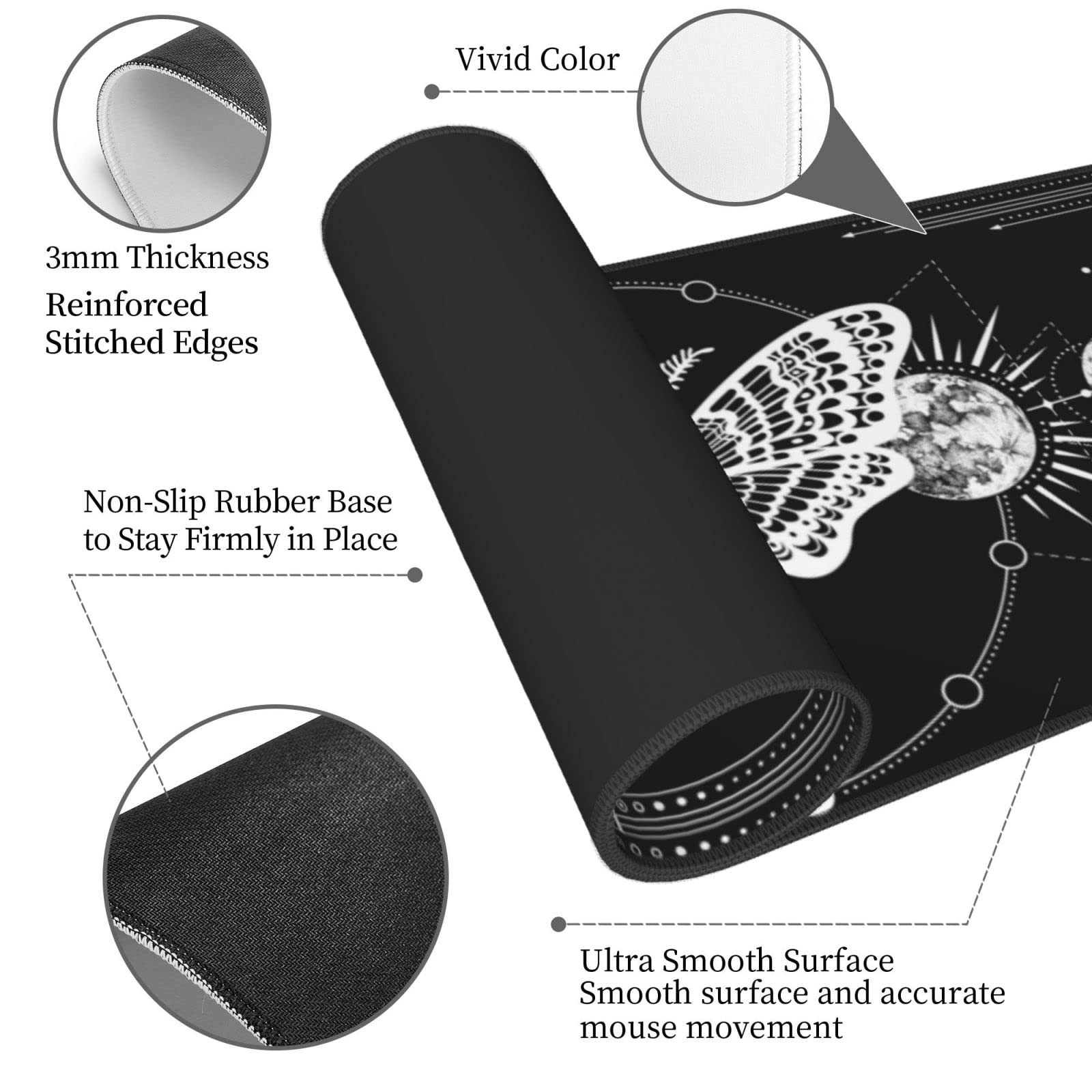 Moon Moth Pattern Gaming Mouse Pad - Extra Large 31.5x11.8 Inch Non-Slip Surface with Stitched Edges - Perfect for PC, Laptop & Office Workstations