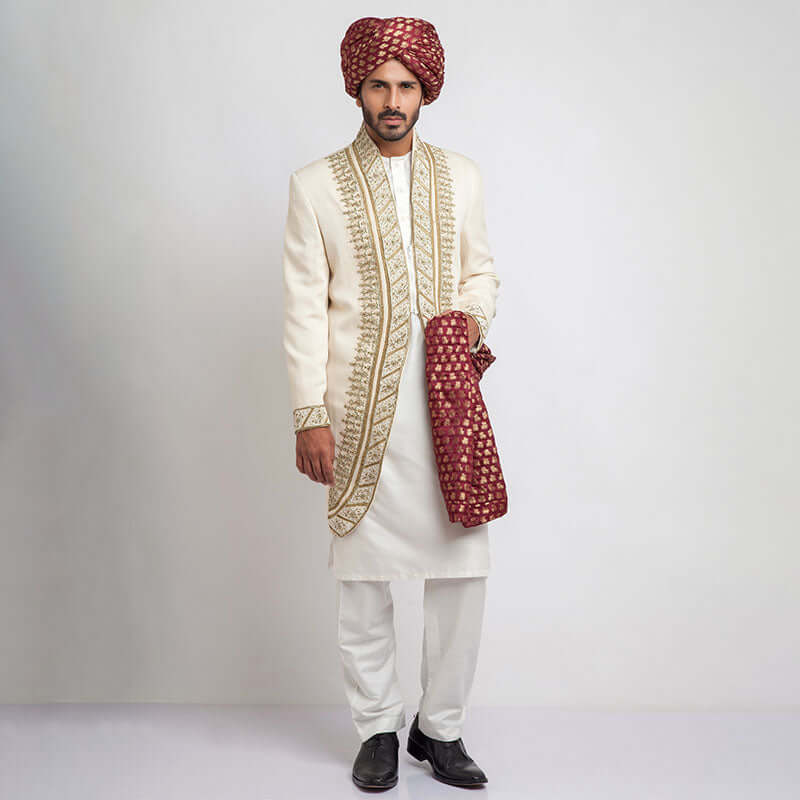 Exquisite Ivory Shux Sherwani with Handcrafted Zardozi Embroidery for Men | Traditional Indian Wedding Attire | Perfect for Groom Wear, Festive Occasions & Cultural Celebrations