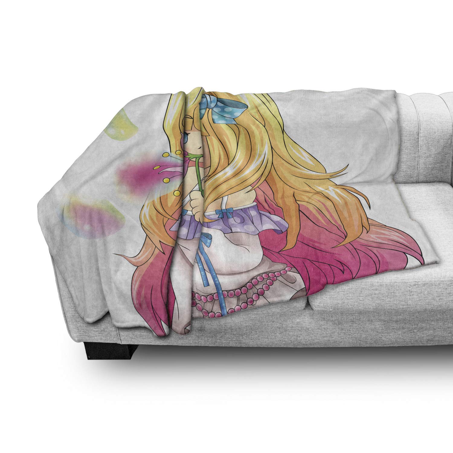 Ambesonne Anime Throw Blanket - Manga Girl Blowing Bubbles Japanese Cartoon Art Print | Soft Flannel Fleece Blanket for Couch, Bed & Sofa (50x60 Inches) | Pink & Yellow Accent Decor for Anime Fans & Home Decor