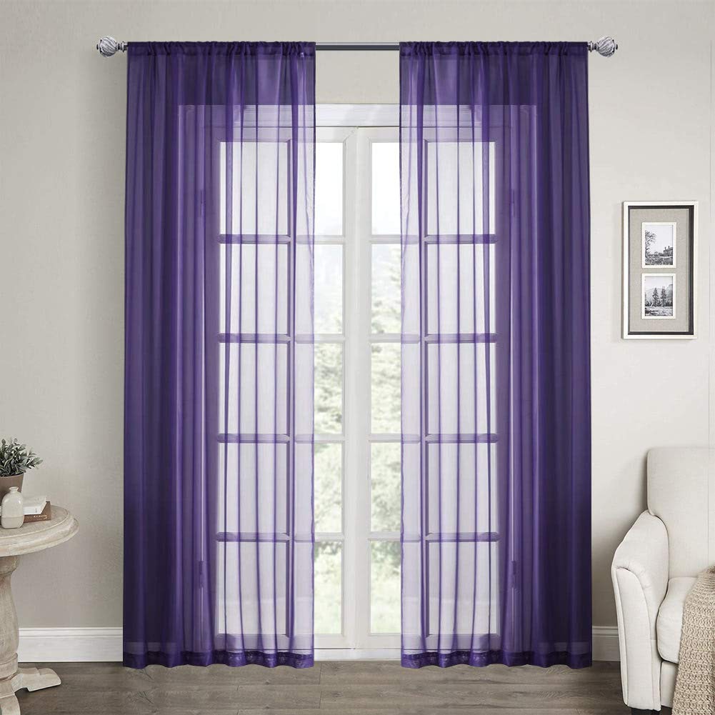 LoyoLady Violet Sheer Curtains 96 Inches Long - 2 Panels Set, Lightweight Semi-Transparent Window Drapes with Rod Pocket (100