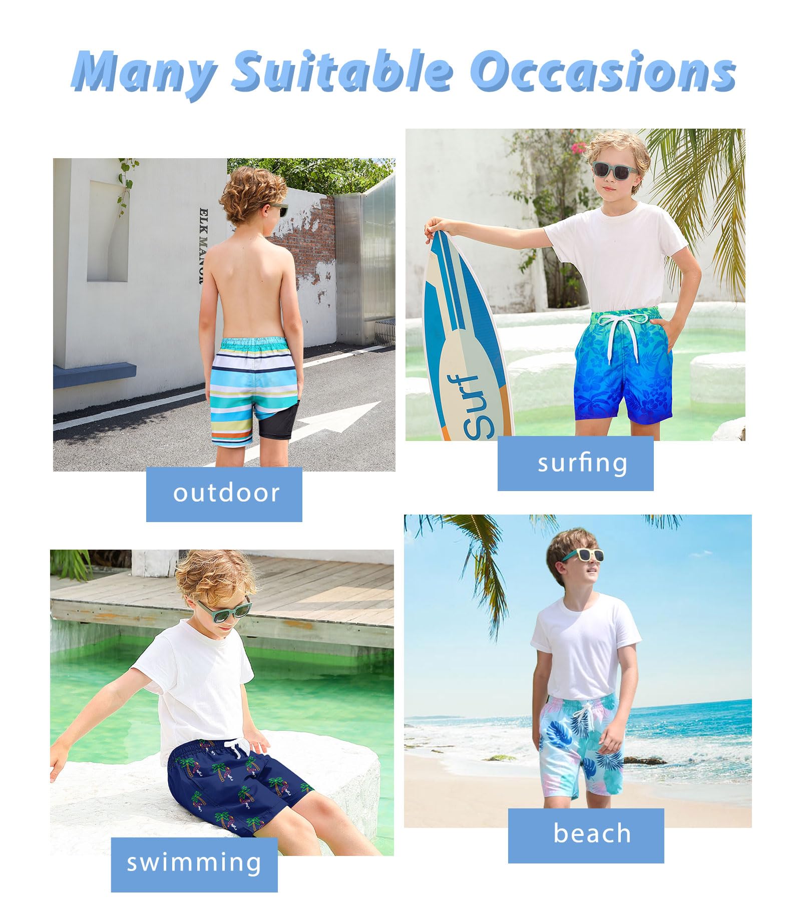**Boys Quick Dry Swim Trunks with Compression Liner - Kids Bathing Suits & Boxer Briefs for Swimming, Beach & Pool (Ages 7-20 Years)**