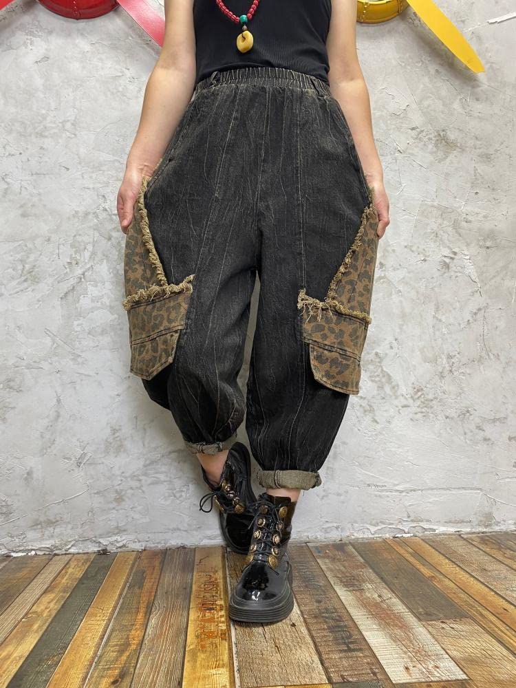 Distressed Denim Pants for Women - Raw Edge Splice Elastic Waist Drop Crotch Trousers | Casual Streetwear, Spring & Fall Fashion | Perfect for Everyday Wear, Outings and Layered Outfits