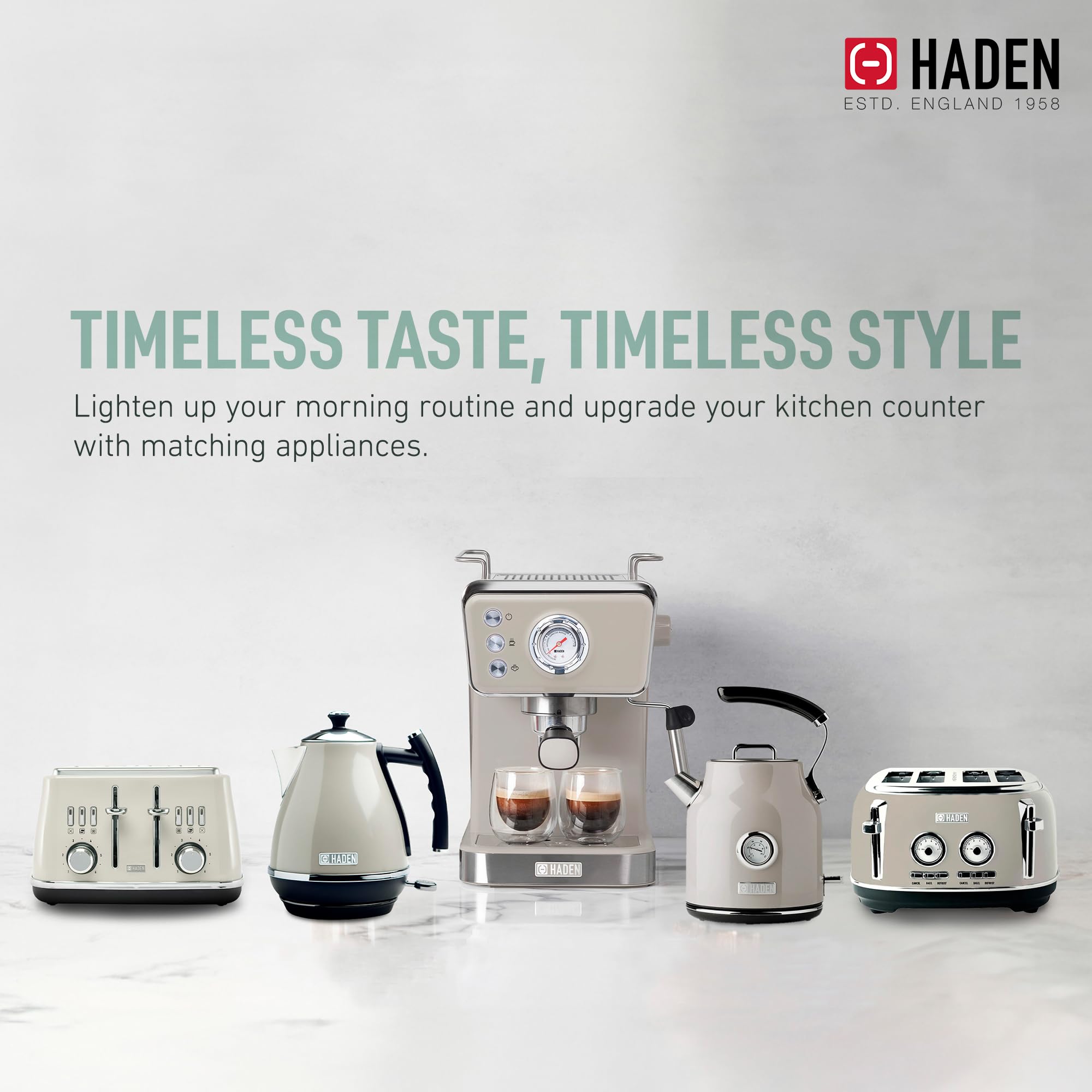 HADEN Barista Brew Espresso Coffee Machine - Stainless Steel Espresso Maker with Milk Frother, Steamer & 1.5L Water Tank (Putty & Copper) - Perfect for Home Baristas, Coffee Shops & Office Break Rooms