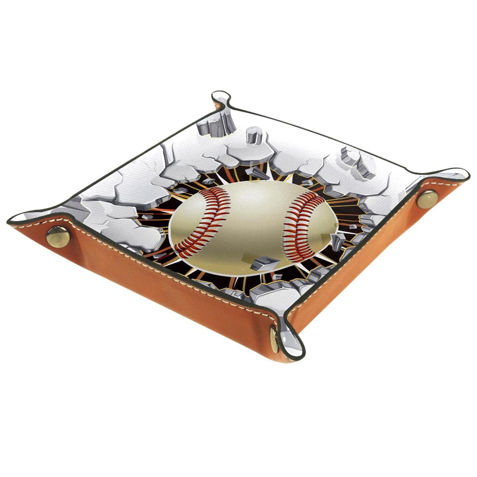 Premium Leather Valet Tray Organizer - Multi-Purpose Desktop Catchall for Wallets, Watches, Keys & Phones | Baseball Sport Design | Perfect for Nightstand, Dresser, Office & Home Decor (Gift Idea)