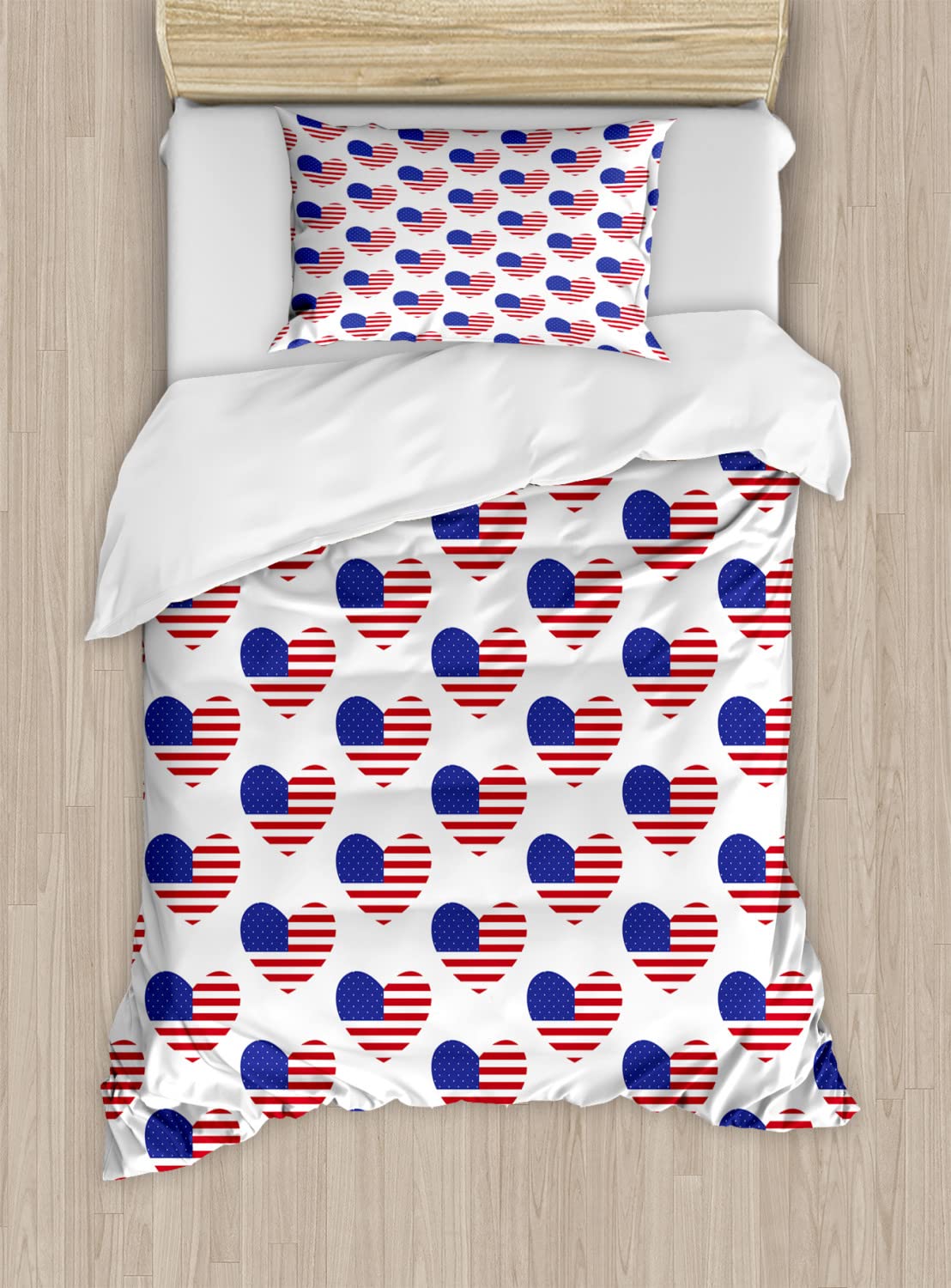 Ambesonne 4th of July Duvet Cover Set - Patriotic American Flag Heart Design Bedding Set with 2 Duvet Covers & 2 Pillowcases, Twin Size, Red White Navy Blue - Perfect for Independence Day Decor, Guest Room & Patriotic Themed Bedrooms