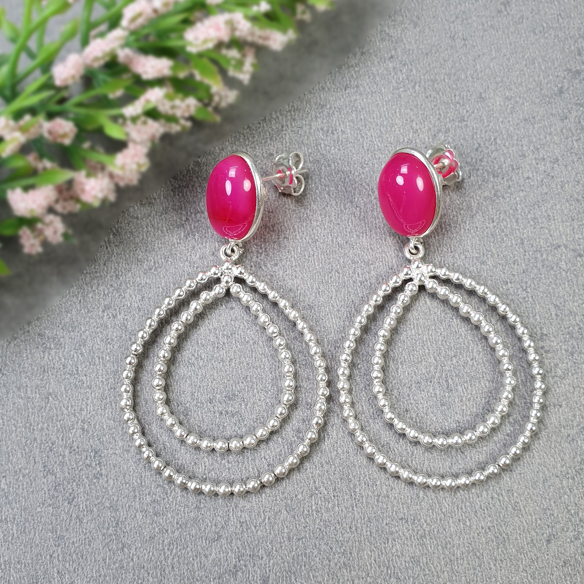 925 Sterling Silver Hoop Earrings with Pink Rhinestones - 2.5