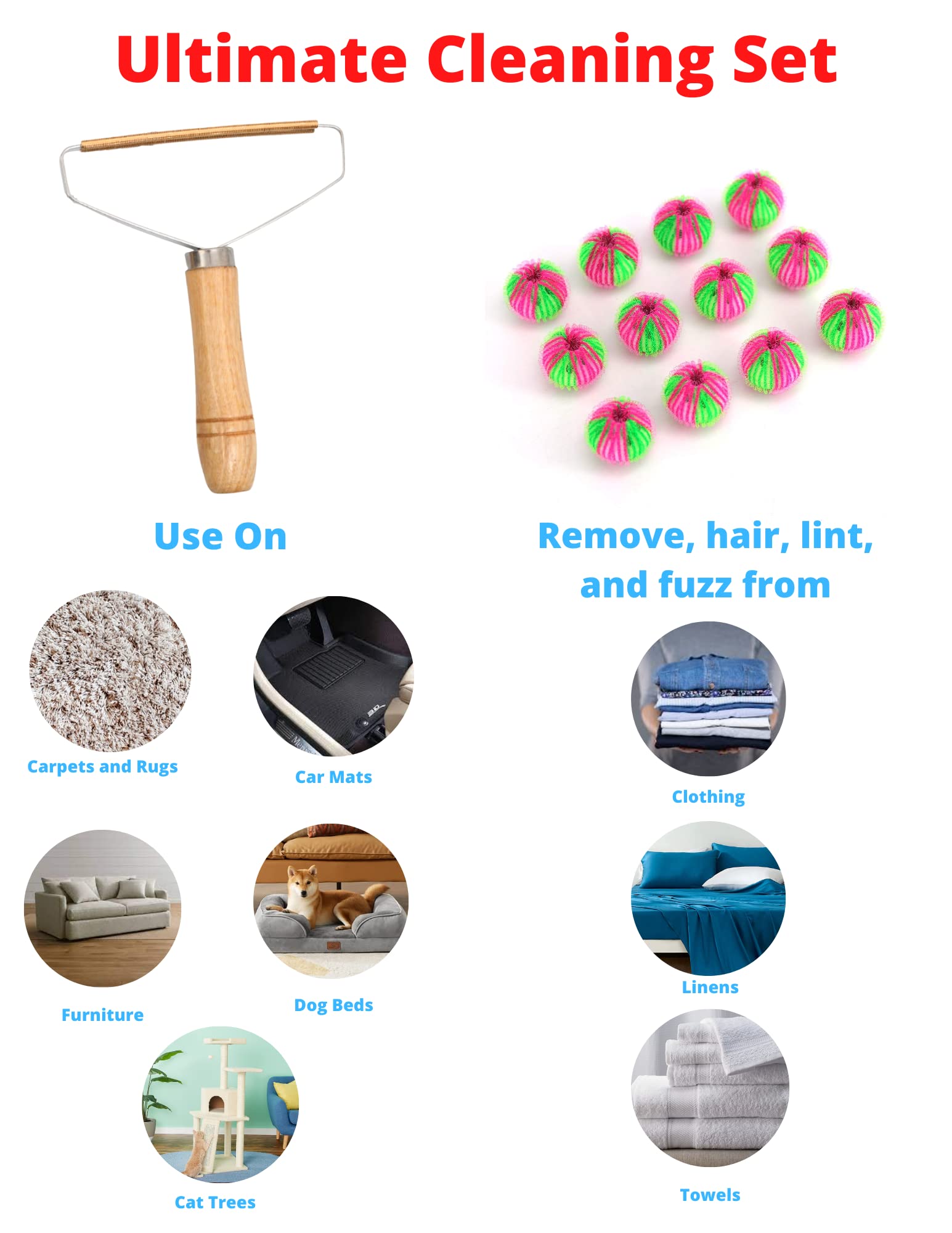 Best Pet Hair Remover Bundle - Reusable Lint Roller & Laundry Balls for Dogs & Cats | Portable Pet Hair Remover Wand & Fuzz Eliminator | Perfect for Furniture, Clothes & Car Cleaning
